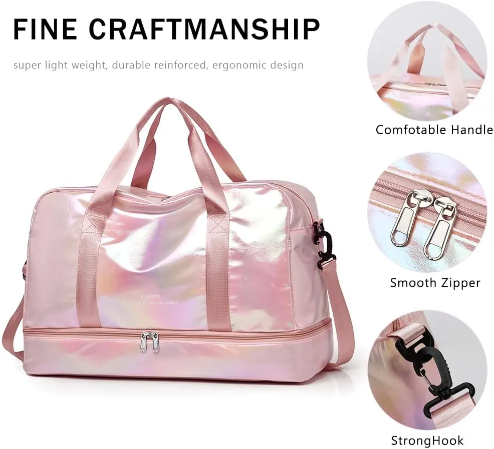 Gym Bag for Women Sports Travel Duffel Bag with Toiletry Bag Weekender Overnight Carry On Bag with Shoes Compartment Wet Pocket for Women Girls Yoga Dance Tote Workout Hospital Swim Bags Pink