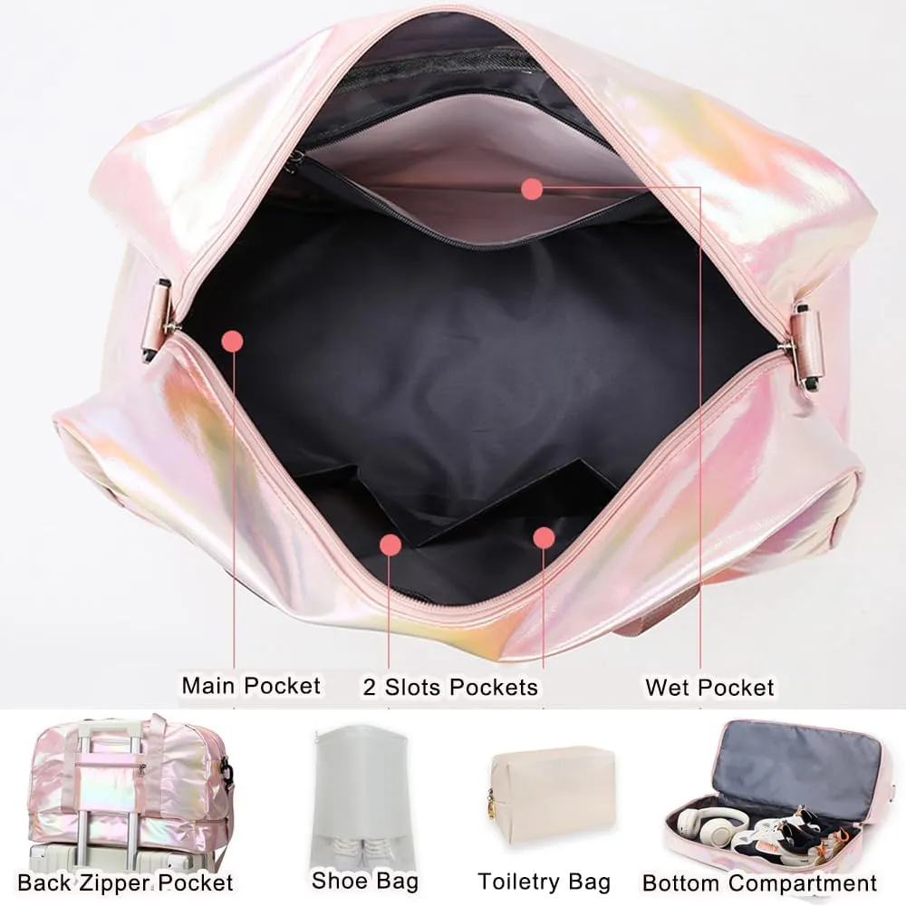 Gym Bag for Women Sports Travel Duffel Bag with Toiletry Bag Weekender Overnight Carry On Bag with Shoes Compartment Wet Pocket for Women Girls Yoga Dance Tote Workout Hospital Swim Bags Pink