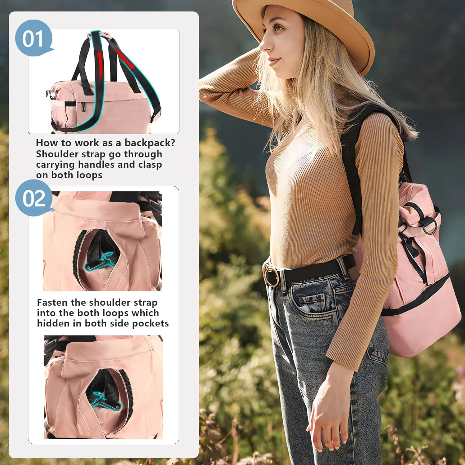 Gym Bag for Women With Shoes Compartment, Weekender Travel Duffel Bag, Personal Item With Wet Pocket & USB Charging Port, Carry On for Travel, Gym, Weekend (Pink)