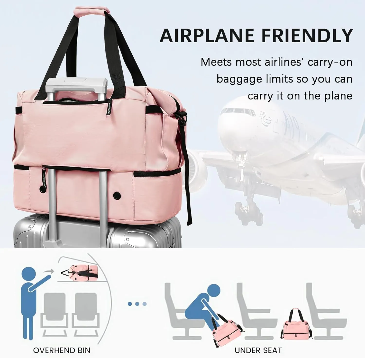 Gym Bag for Women With Shoes Compartment, Weekender Travel Duffel Bag, Personal Item With Wet Pocket & USB Charging Port, Carry On for Travel, Gym, Weekend (Pink)