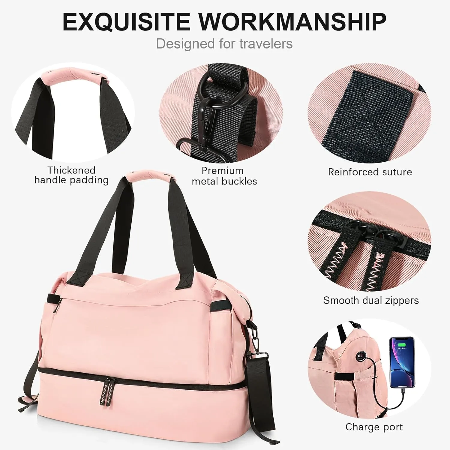 Gym Bag for Women With Shoes Compartment, Weekender Travel Duffel Bag, Personal Item With Wet Pocket & USB Charging Port, Carry On for Travel, Gym, Weekend (Pink)