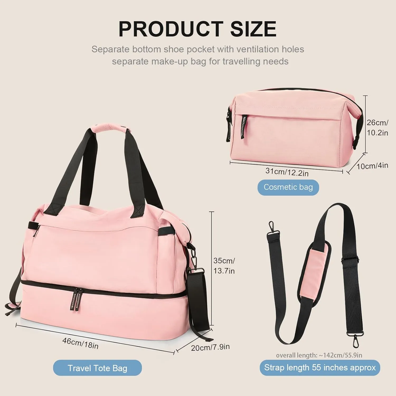 Gym Bag for Women With Shoes Compartment, Weekender Travel Duffel Bag, Personal Item With Wet Pocket & USB Charging Port, Carry On for Travel, Gym, Weekend (Pink)