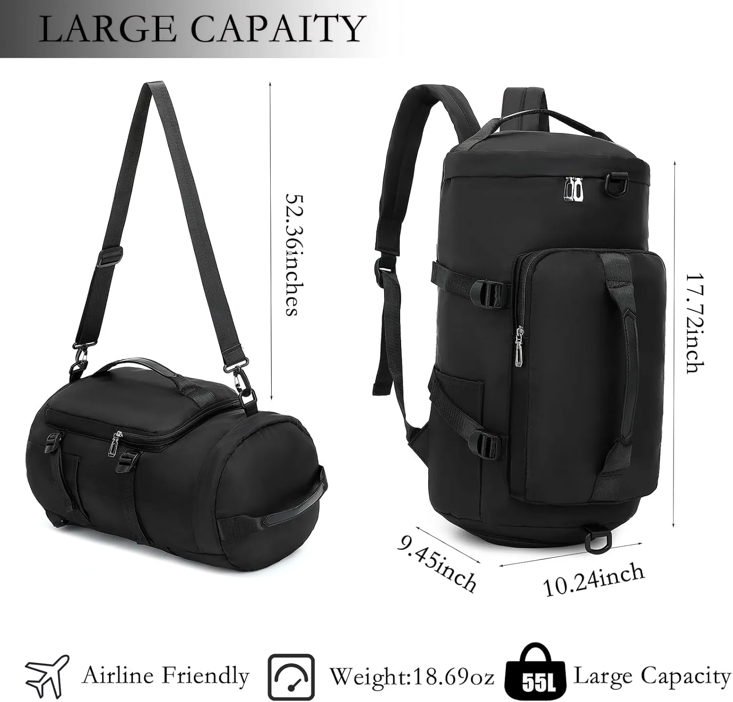 Gym Bag for Women,Waterproof Duffel Backpack Sports Duffle Bag with Shoes Compartment,Carry On Rucksack Daypack for Travel Yoga Camping (Black)