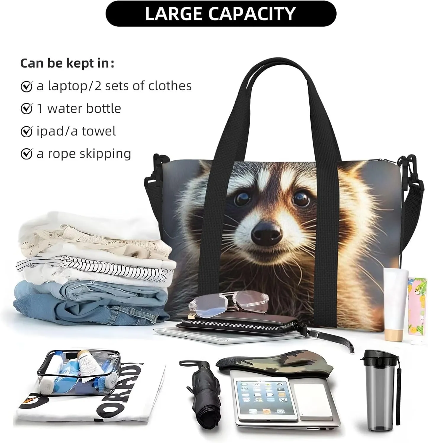 Gym Bag Funny raccoon3 Duffel Bag for Men Women Travel Overnight Bag with Shoe Compartment Workout Bags