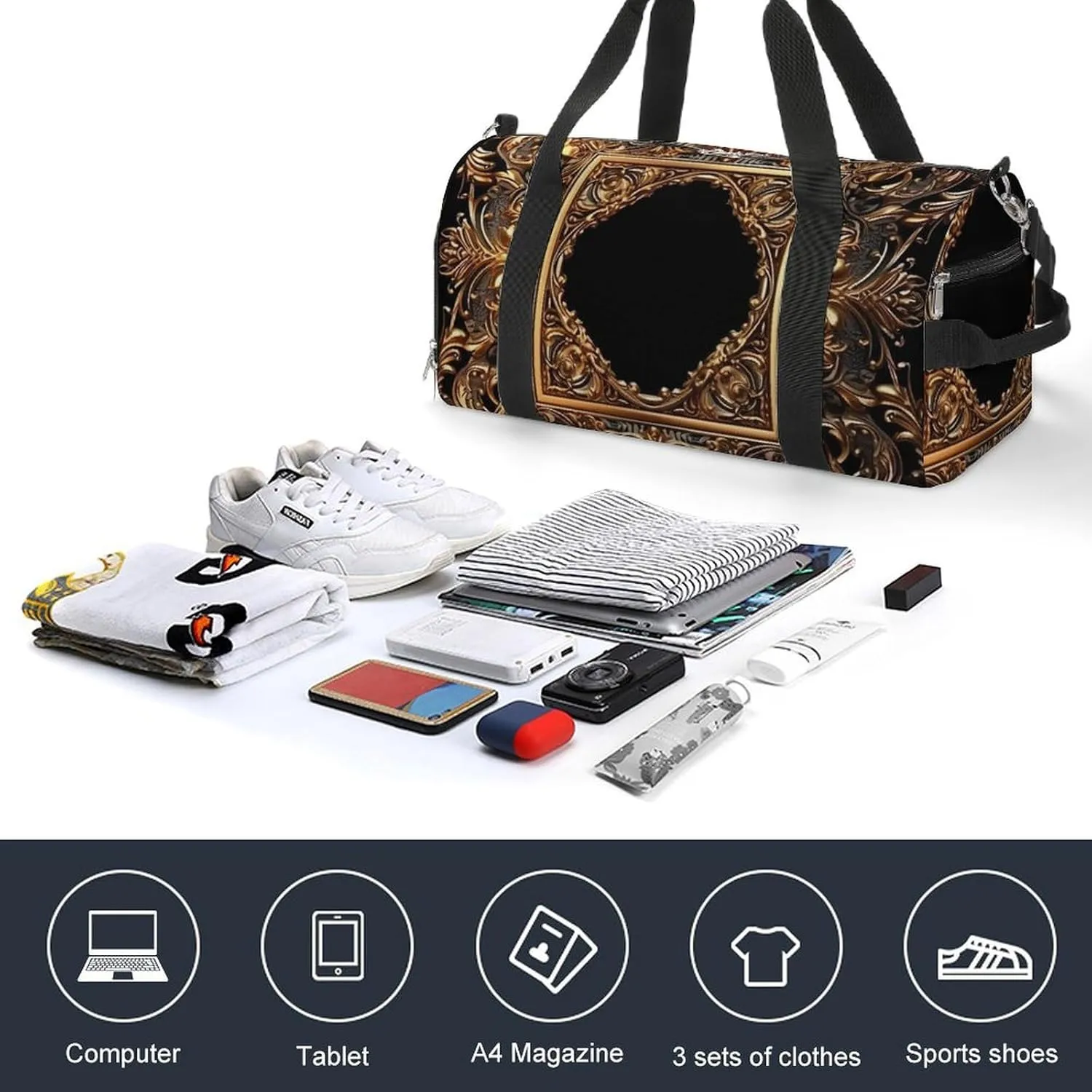 Gym Bag Golden Frame Duffel Bag for Men Women Travel Overnight Bag with Shoe Compartment Workout Bags