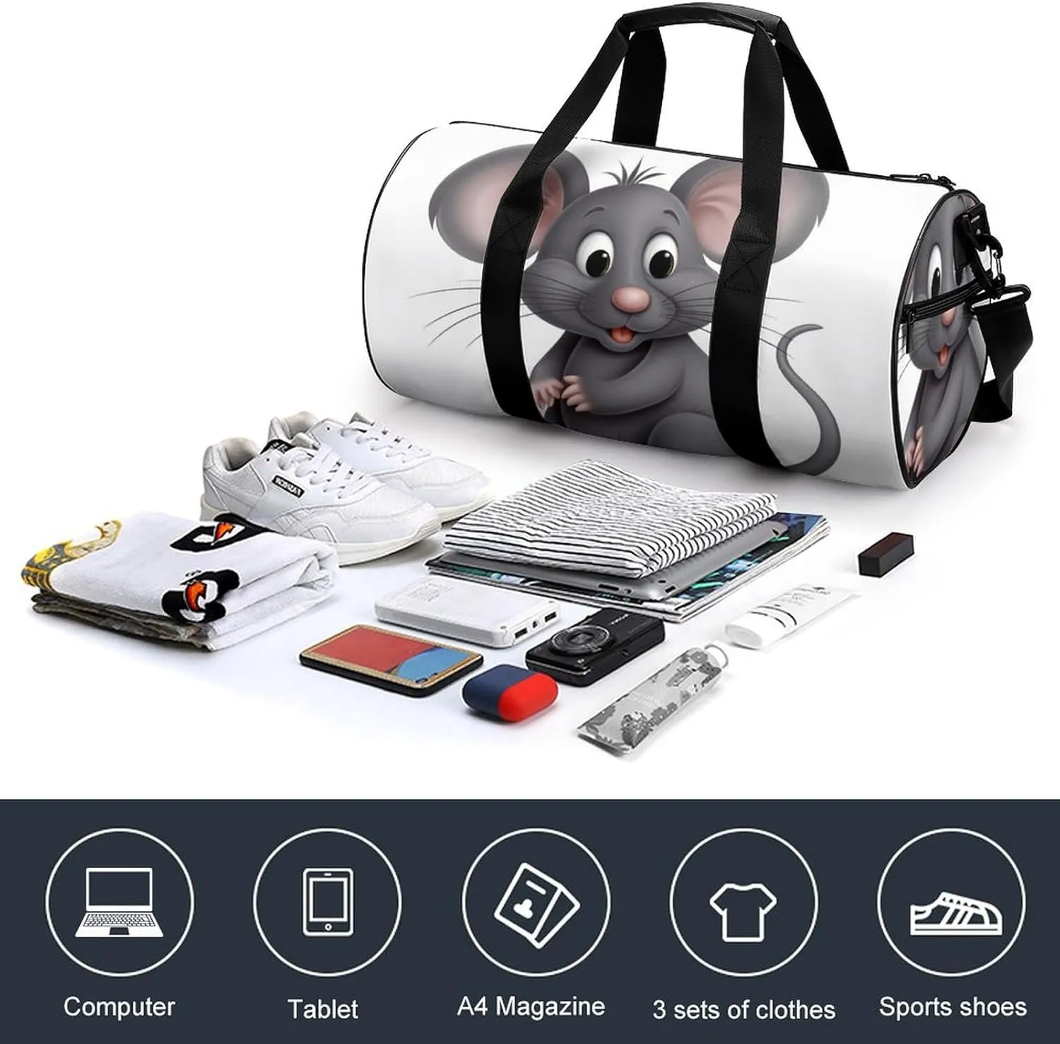 Gym Bag Gray Animals Duffel Bag for Men Women Overnight Bag with Shoe Compartment Workout Bags