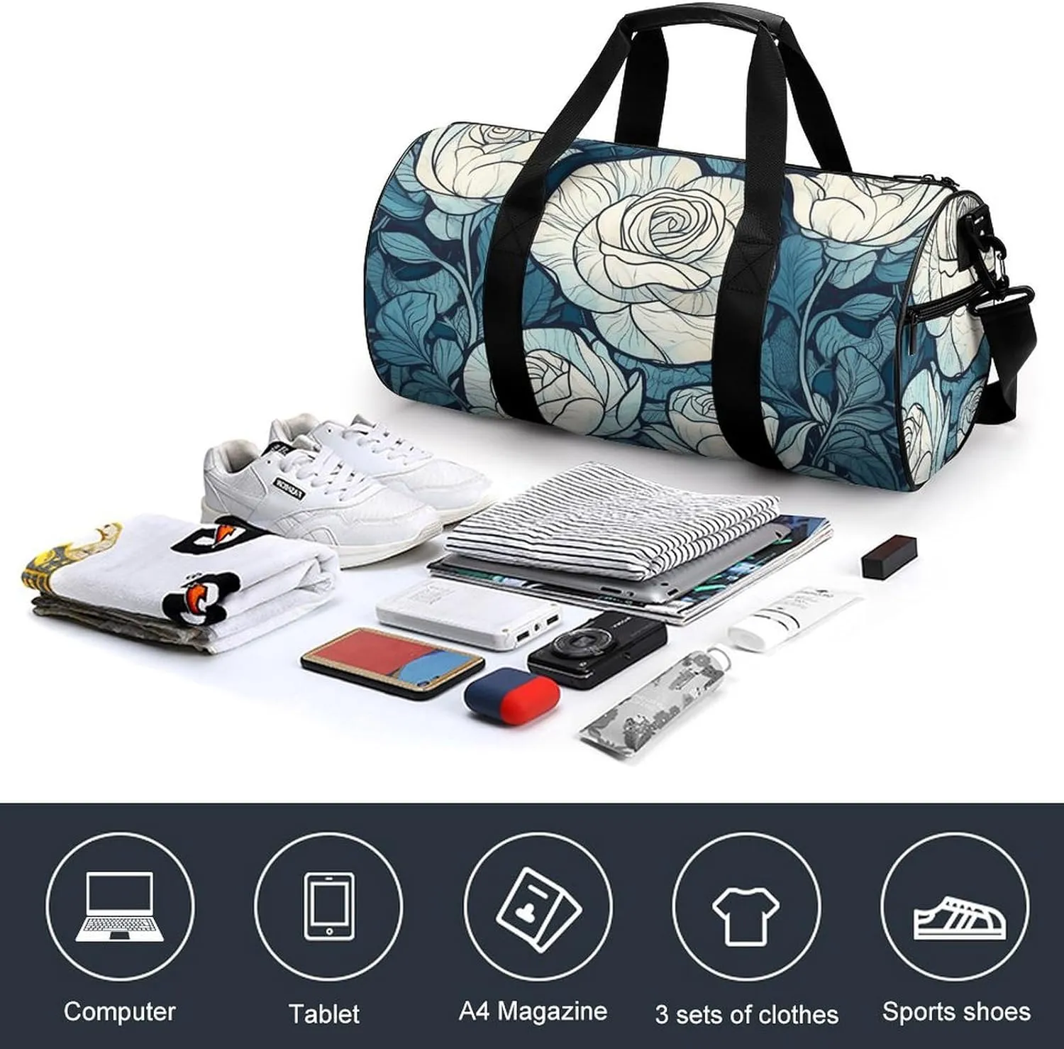 Gym Bag Hand Painted White Flowers Duffel Bag for Men Women Overnight Bag with Shoe Compartment Workout Bags