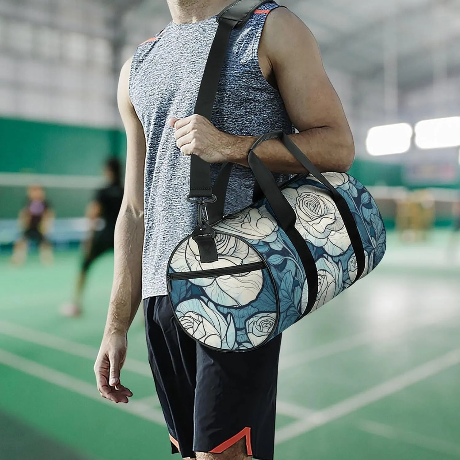 Gym Bag Hand Painted White Flowers Duffel Bag for Men Women Overnight Bag with Shoe Compartment Workout Bags