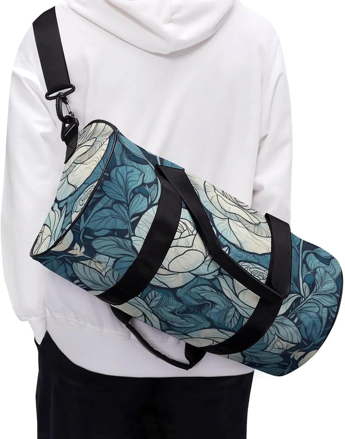 Gym Bag Hand Painted White Flowers Duffel Bag for Men Women Overnight Bag with Shoe Compartment Workout Bags