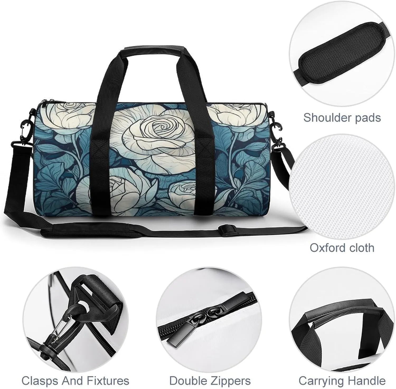 Gym Bag Hand Painted White Flowers Duffel Bag for Men Women Overnight Bag with Shoe Compartment Workout Bags