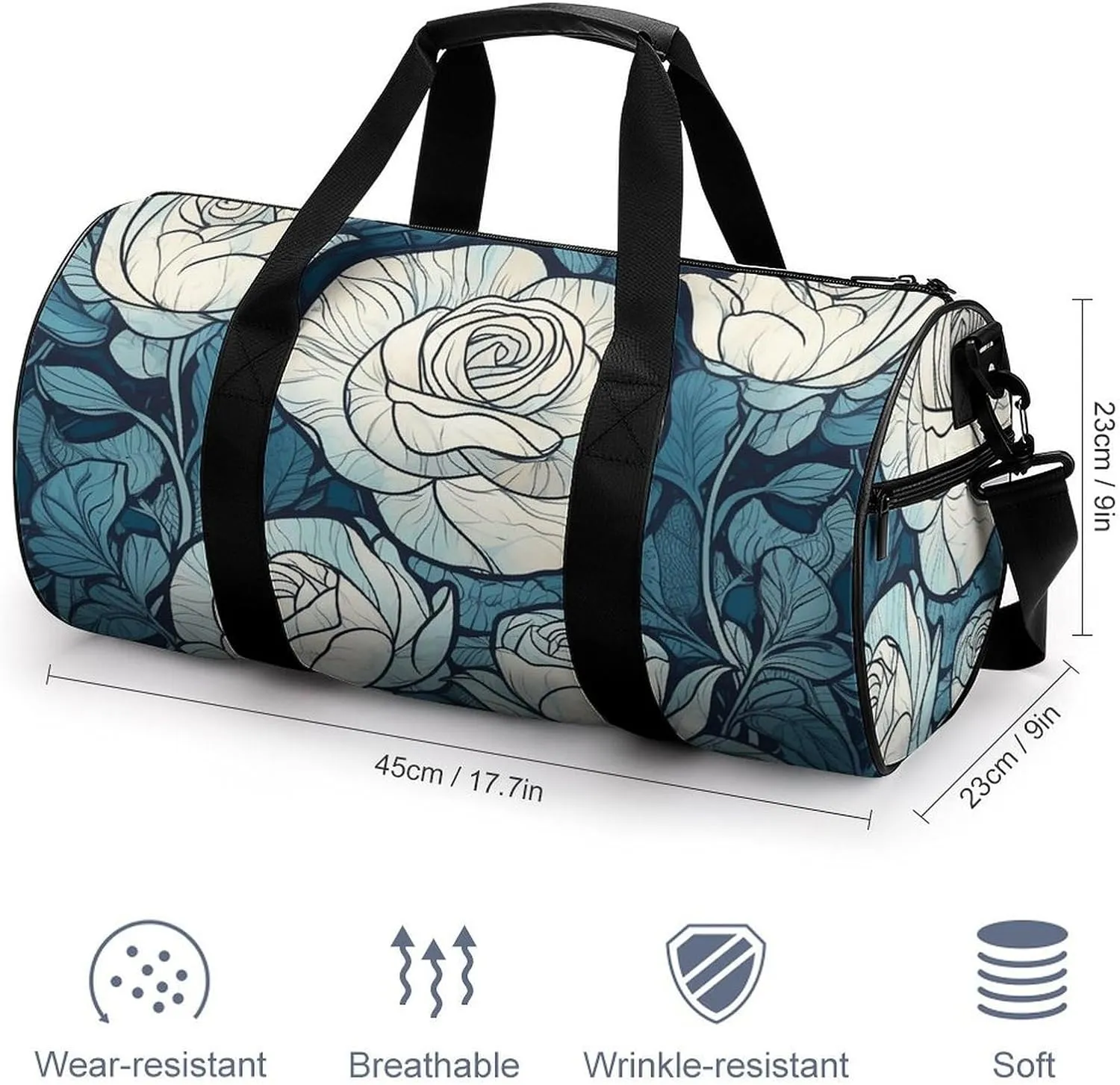 Gym Bag Hand Painted White Flowers Duffel Bag for Men Women Overnight Bag with Shoe Compartment Workout Bags