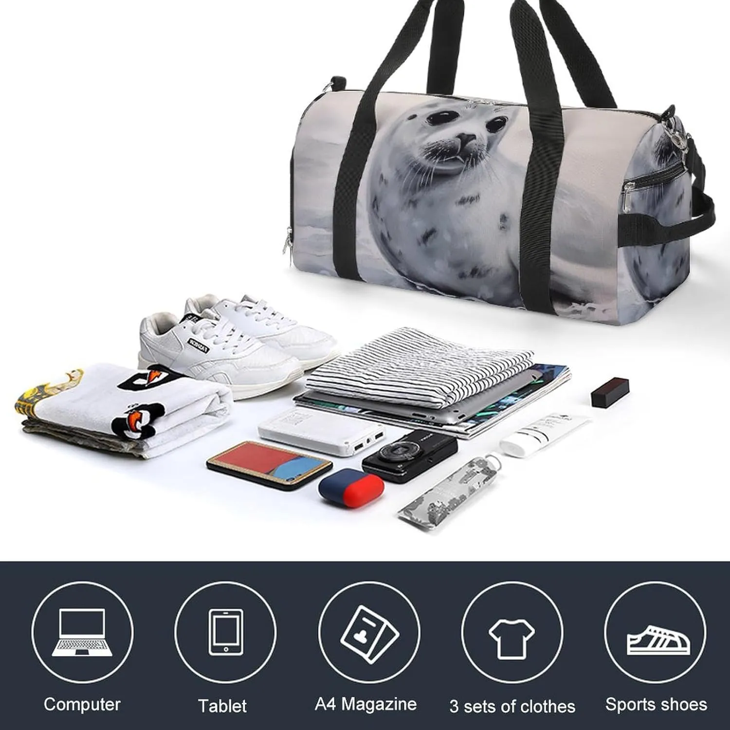Gym Bag Harp Seal Painting Duffel Bag for Men Women Overnight Bag with Shoe Compartment Workout Bags