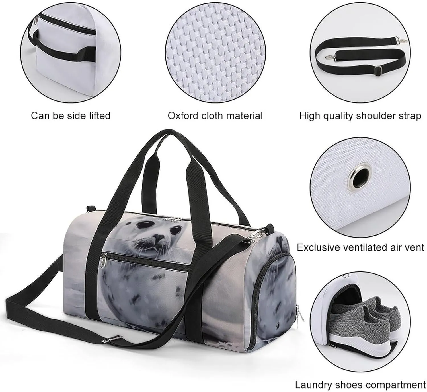 Gym Bag Harp Seal Painting Duffel Bag for Men Women Overnight Bag with Shoe Compartment Workout Bags