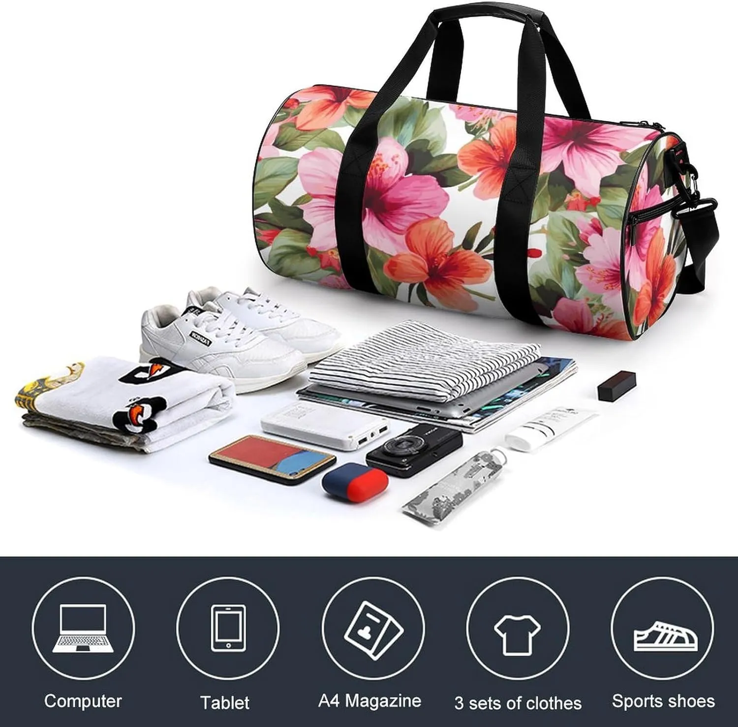 Gym Bag Hawaiian Flower Print Duffel Bag for Men Women Overnight Bag with Shoe Compartment Workout Bags