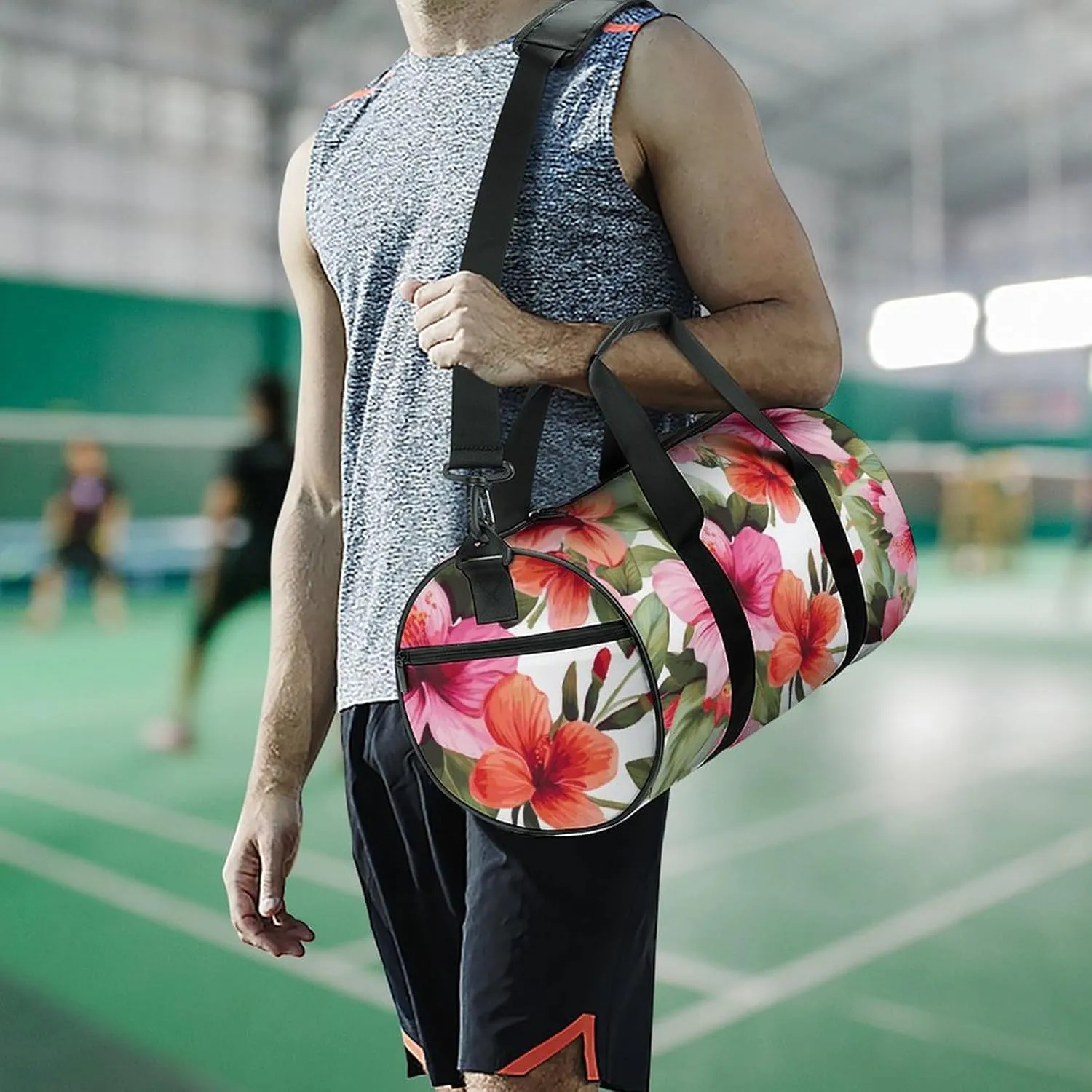 Gym Bag Hawaiian Flower Print Duffel Bag for Men Women Overnight Bag with Shoe Compartment Workout Bags