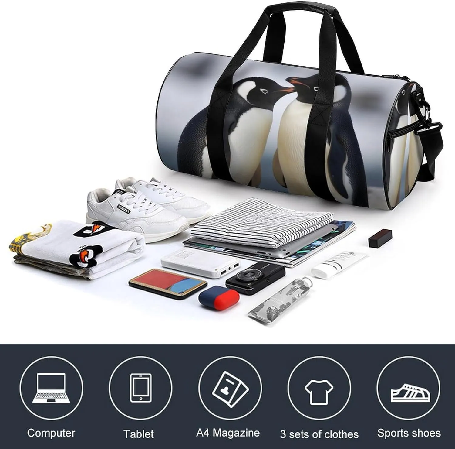 Gym Bag I Love Penguins Duffel Bag for Men Women Overnight Bag with Shoe Compartment Workout Bags