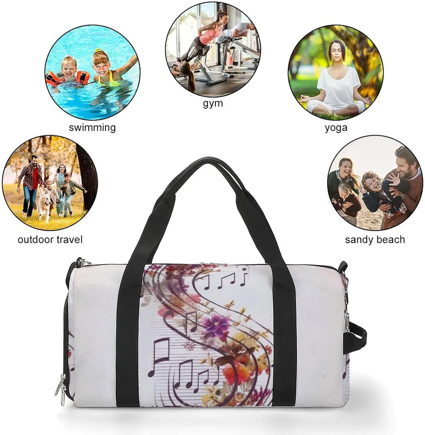 Gym Bag Musical Note Floral Duffel Bag for Men Women Overnight Bag with Shoe Compartment Workout Bags