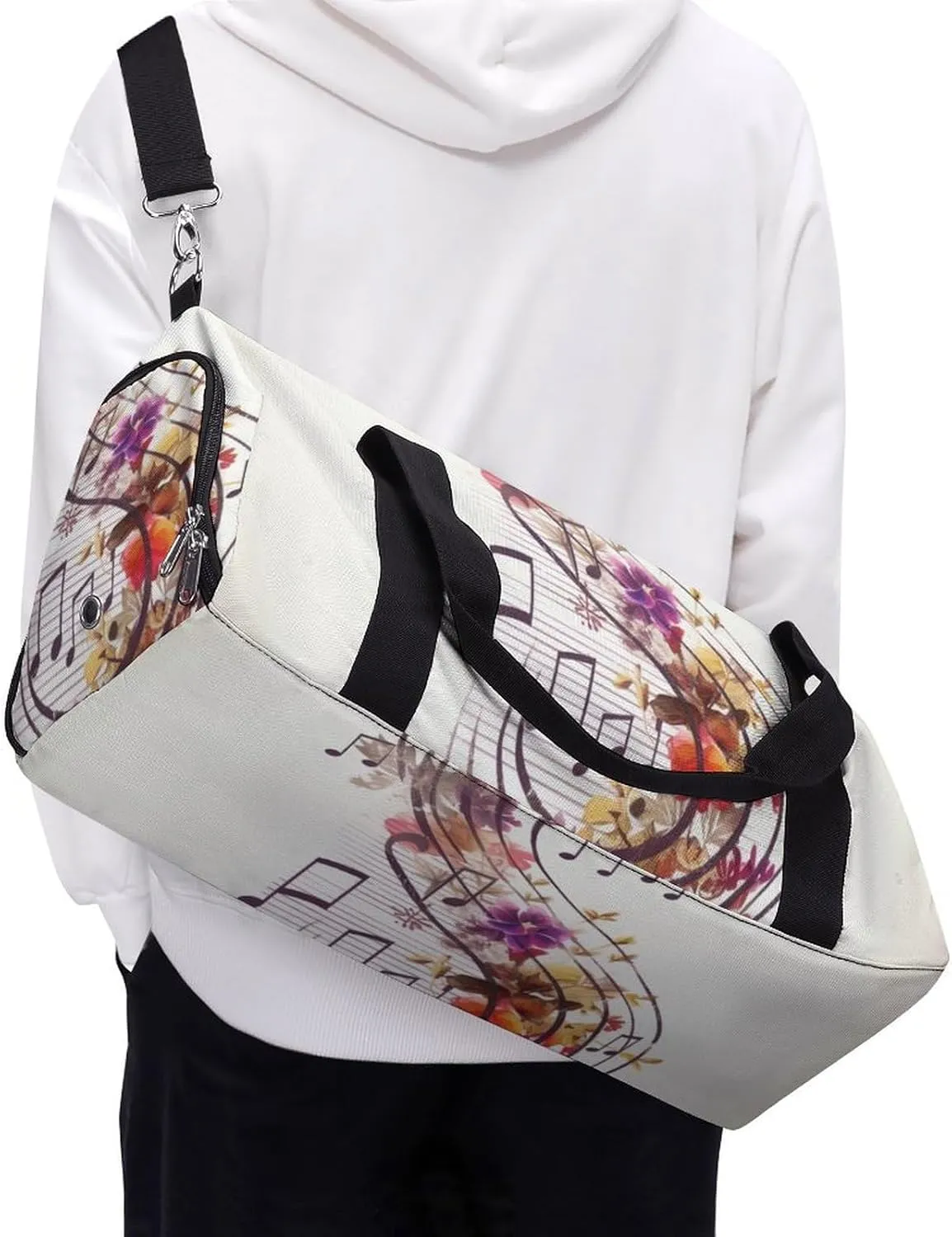 Gym Bag Musical Note Floral Duffel Bag for Men Women Overnight Bag with Shoe Compartment Workout Bags