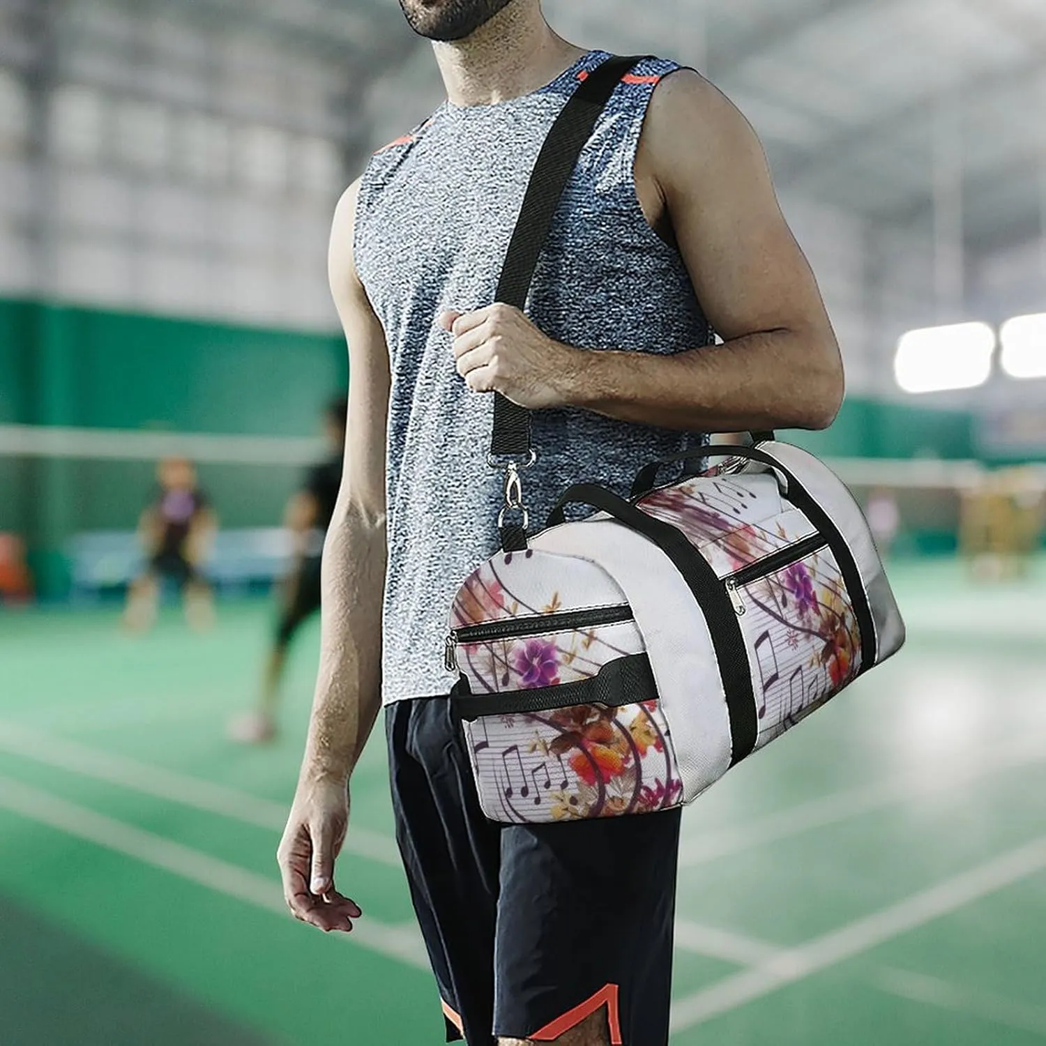 Gym Bag Musical Note Floral Duffel Bag for Men Women Overnight Bag with Shoe Compartment Workout Bags