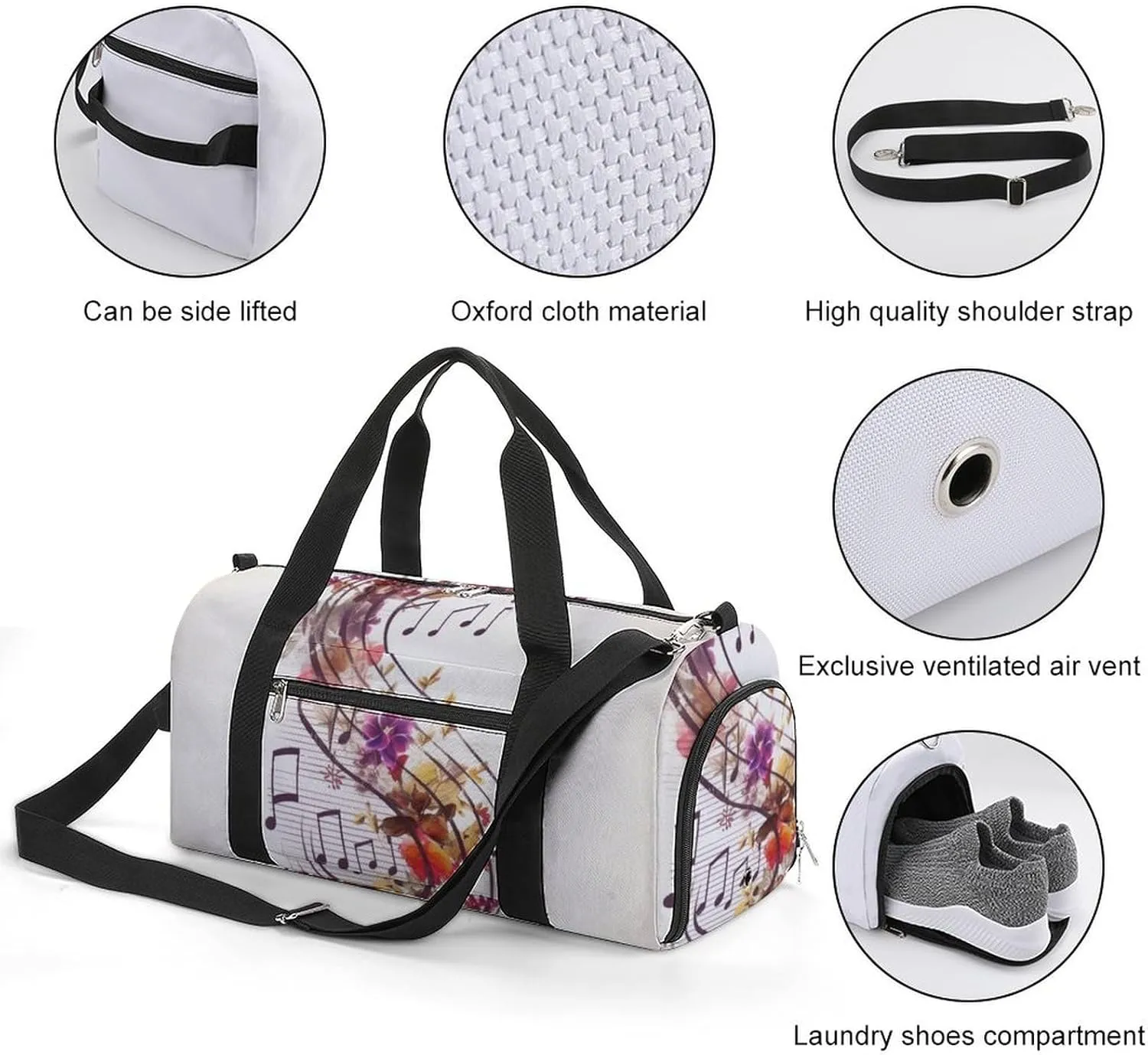 Gym Bag Musical Note Floral Duffel Bag for Men Women Overnight Bag with Shoe Compartment Workout Bags
