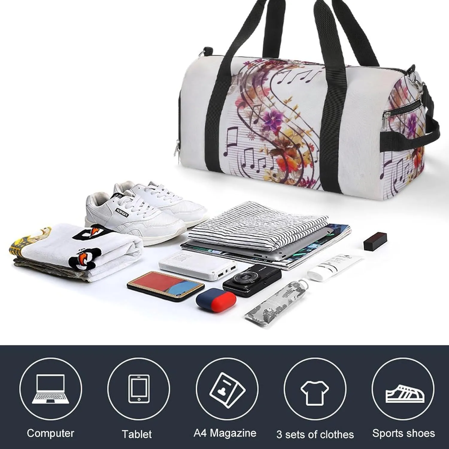 Gym Bag Musical Note Floral Duffel Bag for Men Women Overnight Bag with Shoe Compartment Workout Bags
