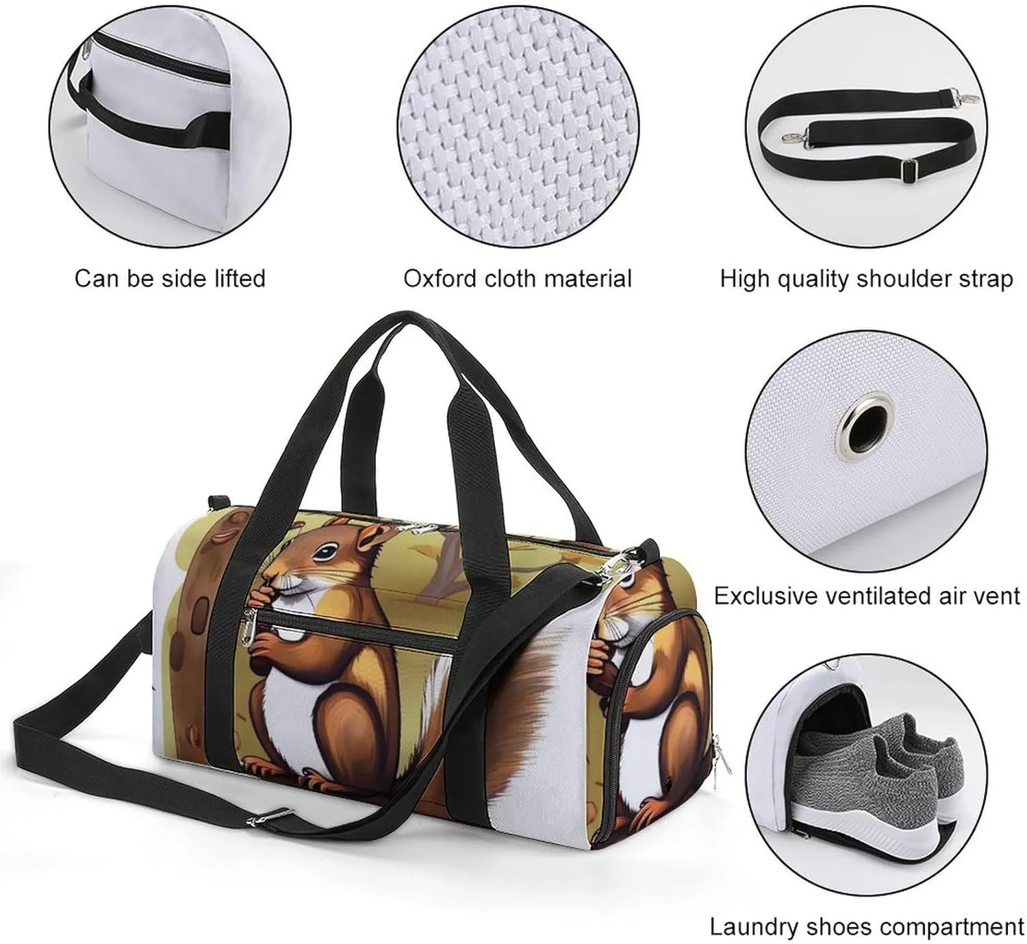 Gym Bag Nut Eating Animal Duffel Bag for Men Women Overnight Bag with Shoe Compartment Workout Bags