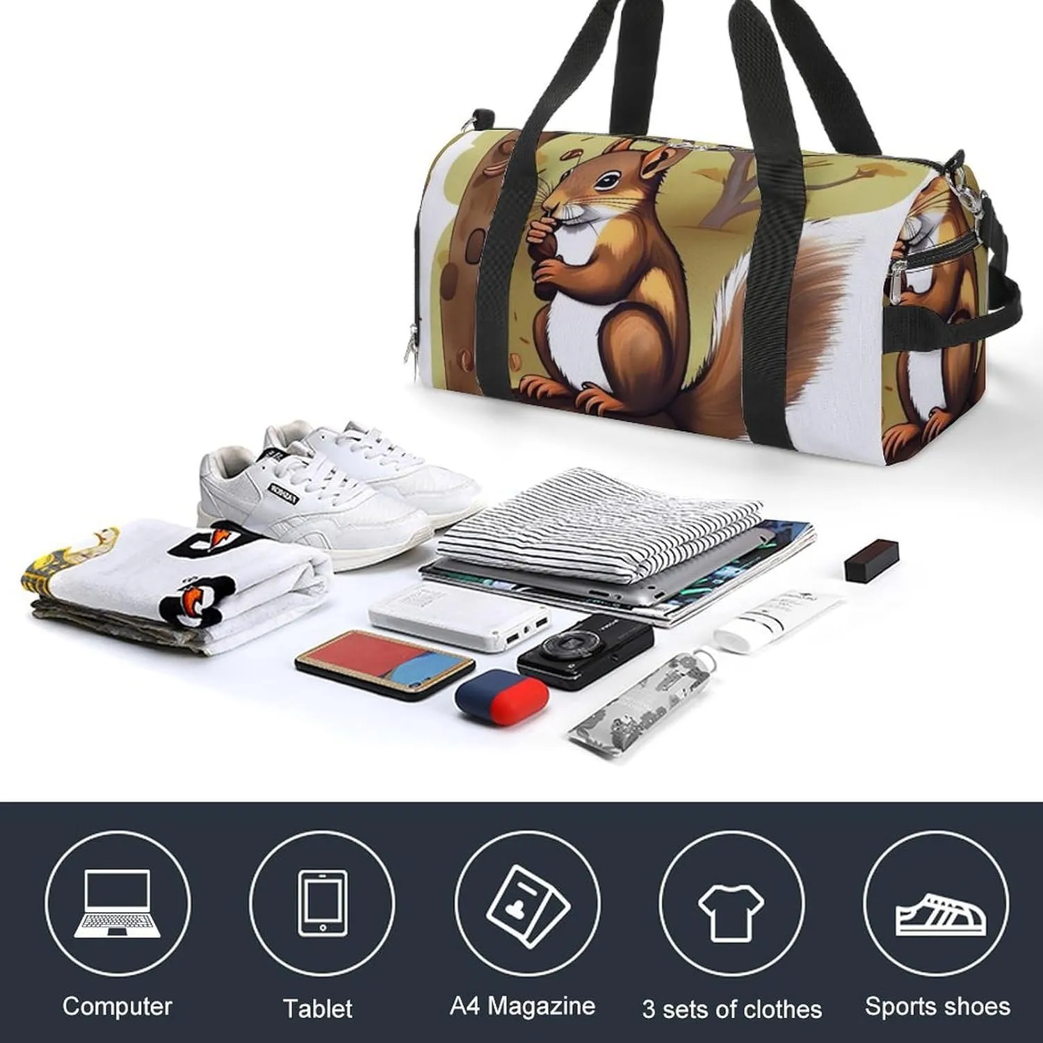 Gym Bag Nut Eating Animal Duffel Bag for Men Women Overnight Bag with Shoe Compartment Workout Bags