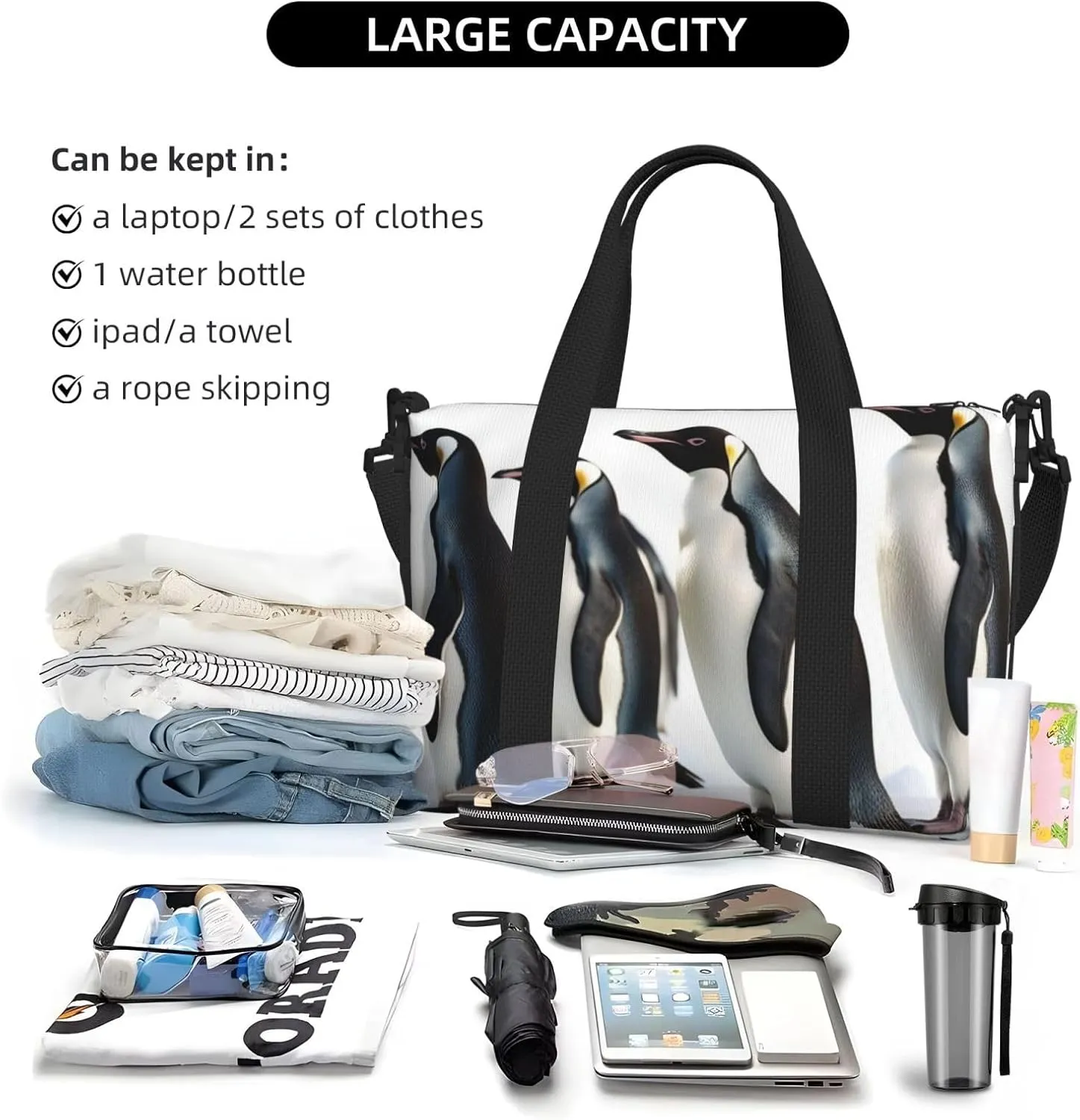 Gym Bag Penguins Duffel Bag for Men Women Travel Overnight Bag with Shoe Compartment Workout Bags