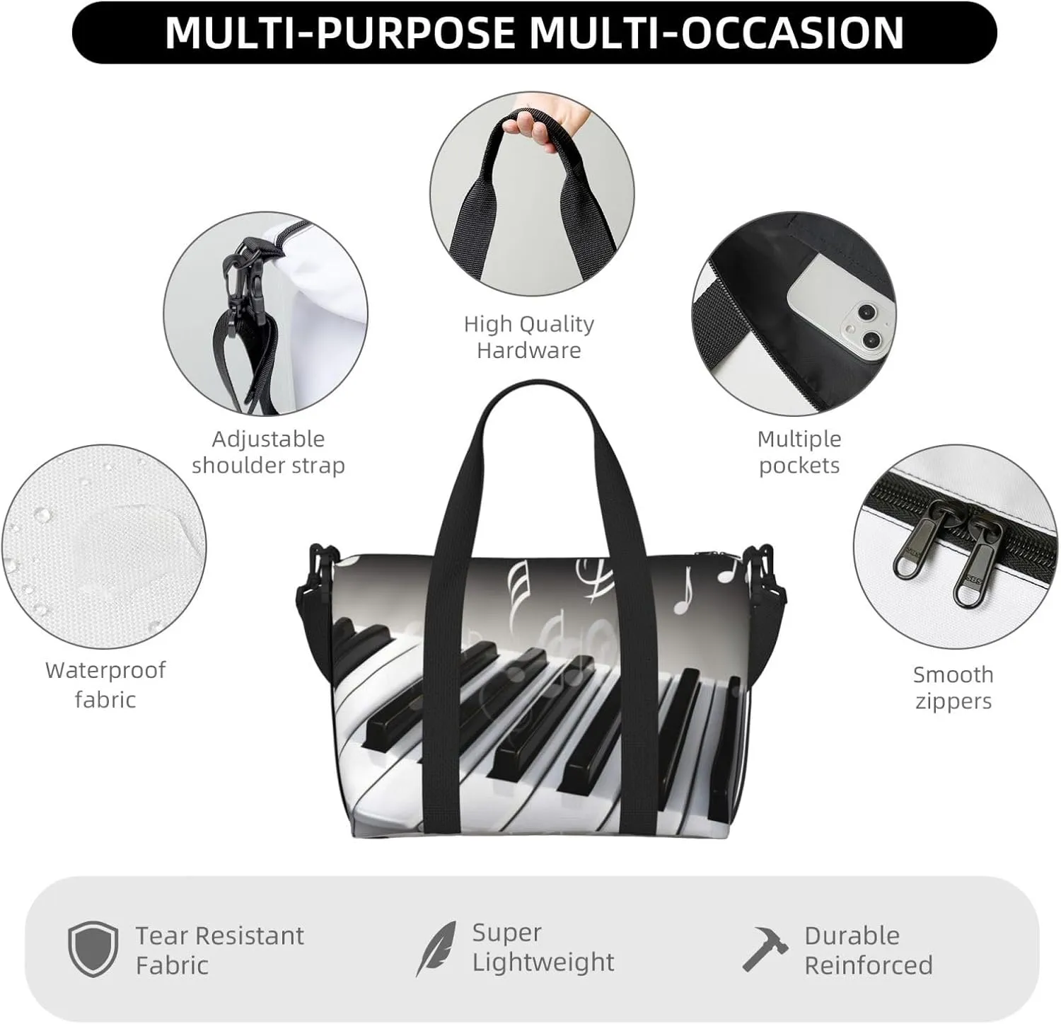Gym Bag Piano Music Symbol Duffel Bag for Men Women Travel Overnight Bag with Shoe Compartment Workout Bags