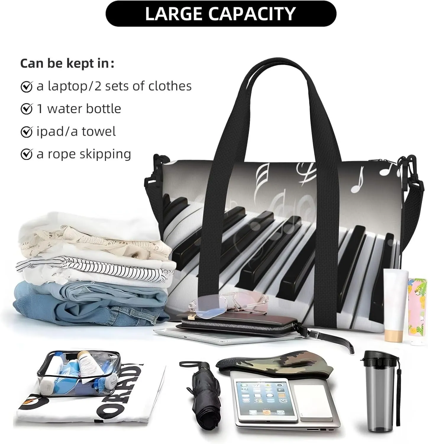 Gym Bag Piano Music Symbol Duffel Bag for Men Women Travel Overnight Bag with Shoe Compartment Workout Bags