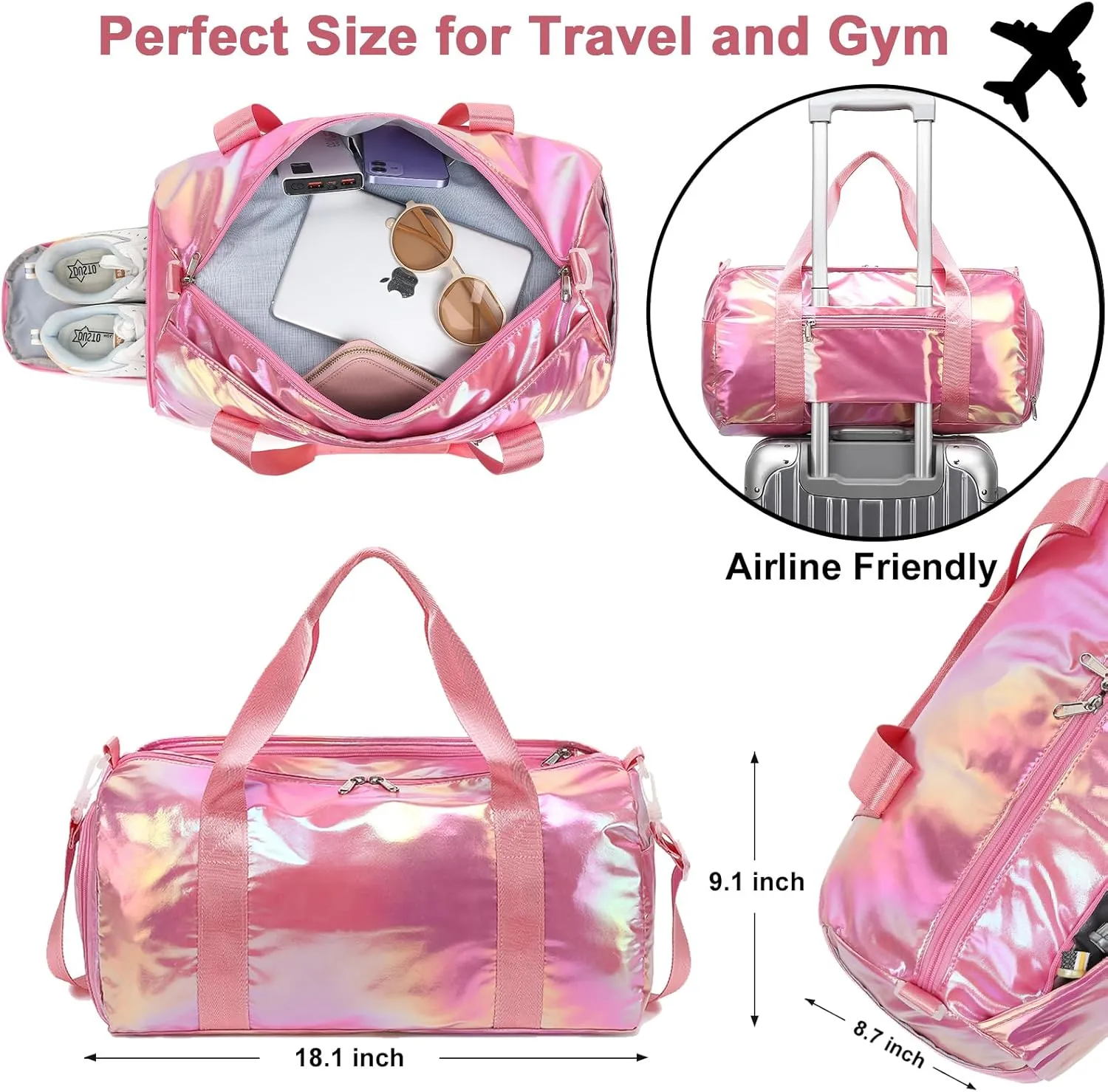 Gym Bag Sports Duffle Bag with Wet Pocket Weekender Overnight Bag with Waterproof Shoe Pouch and Air Hole for Girls Kids Women Travel Foldable Bag
