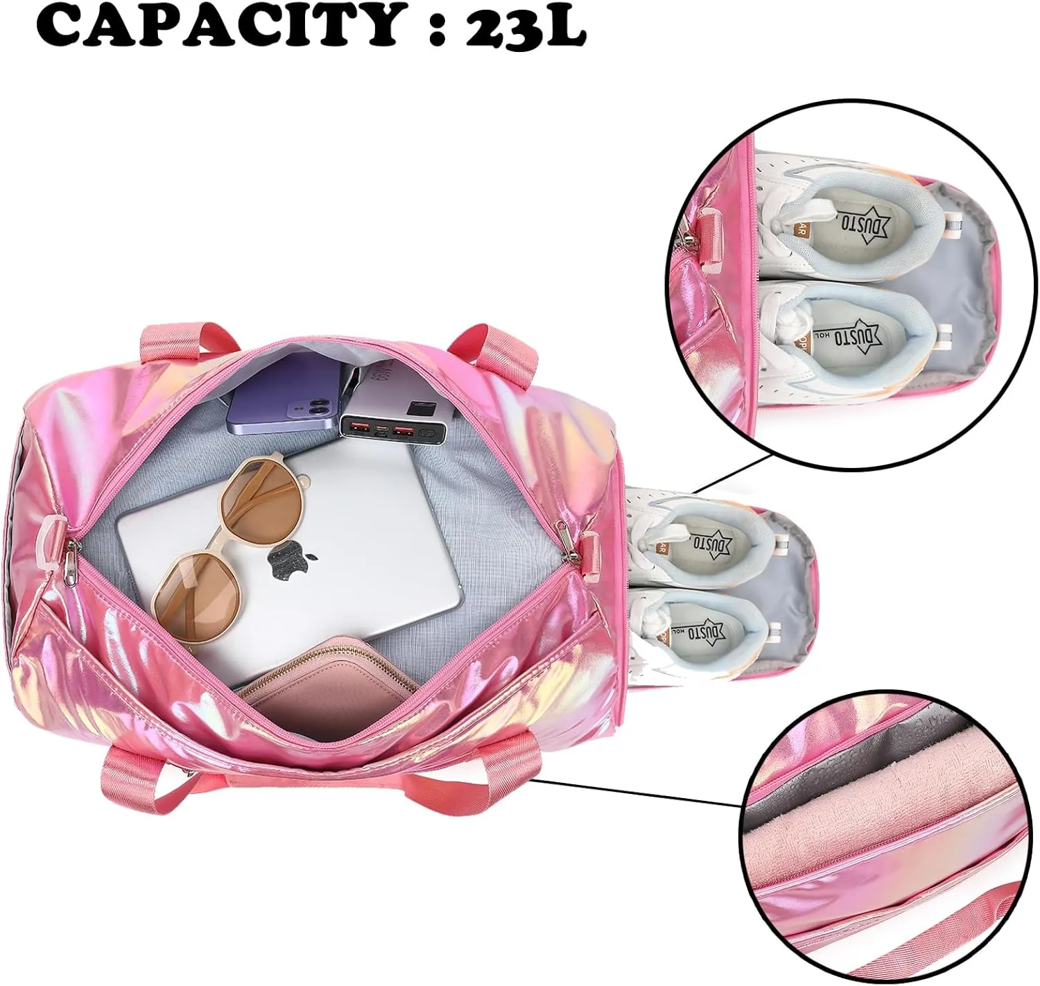 Gym Bag Sports Duffle Bag with Wet Pocket Weekender Overnight Bag with Waterproof Shoe Pouch and Air Hole for Girls Kids Women Travel Foldable Bag