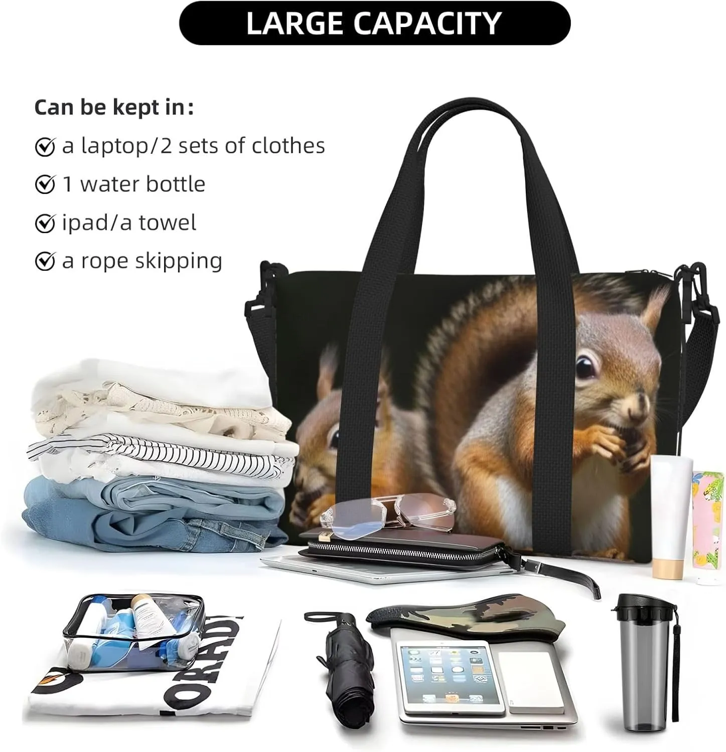 Gym Bag Squirrel Animal Duffel Bag for Men Women Travel Overnight Bag with Shoe Compartment Workout Bags
