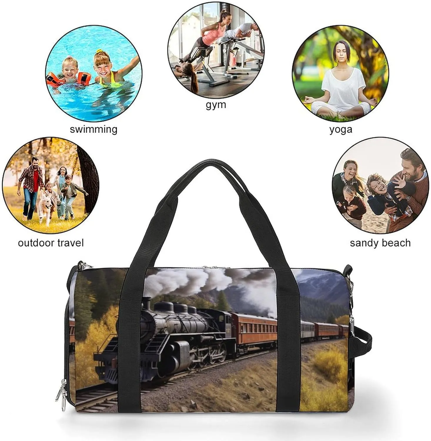 Gym Bag Steam Locomotive Train Duffel Bag for Men Women Overnight Bag with Shoe Compartment Workout Bags