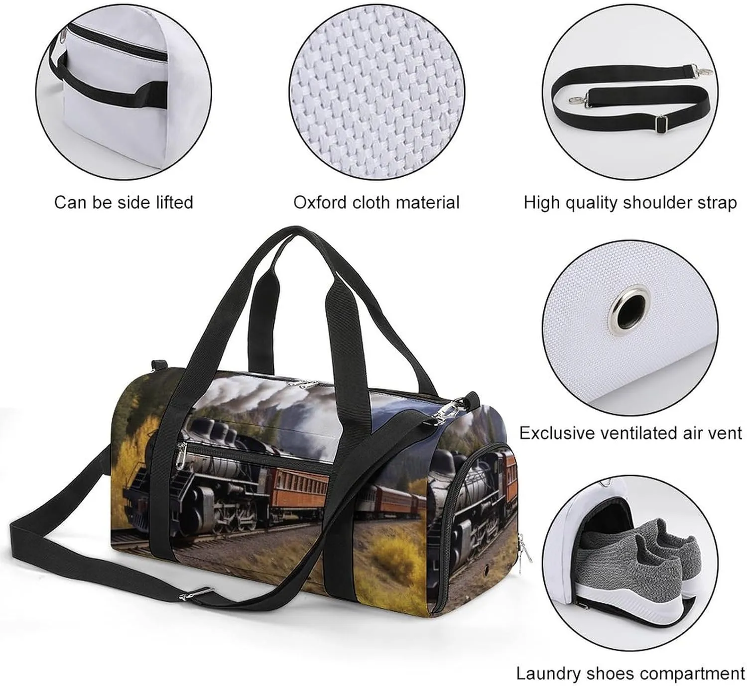 Gym Bag Steam Locomotive Train Duffel Bag for Men Women Overnight Bag with Shoe Compartment Workout Bags