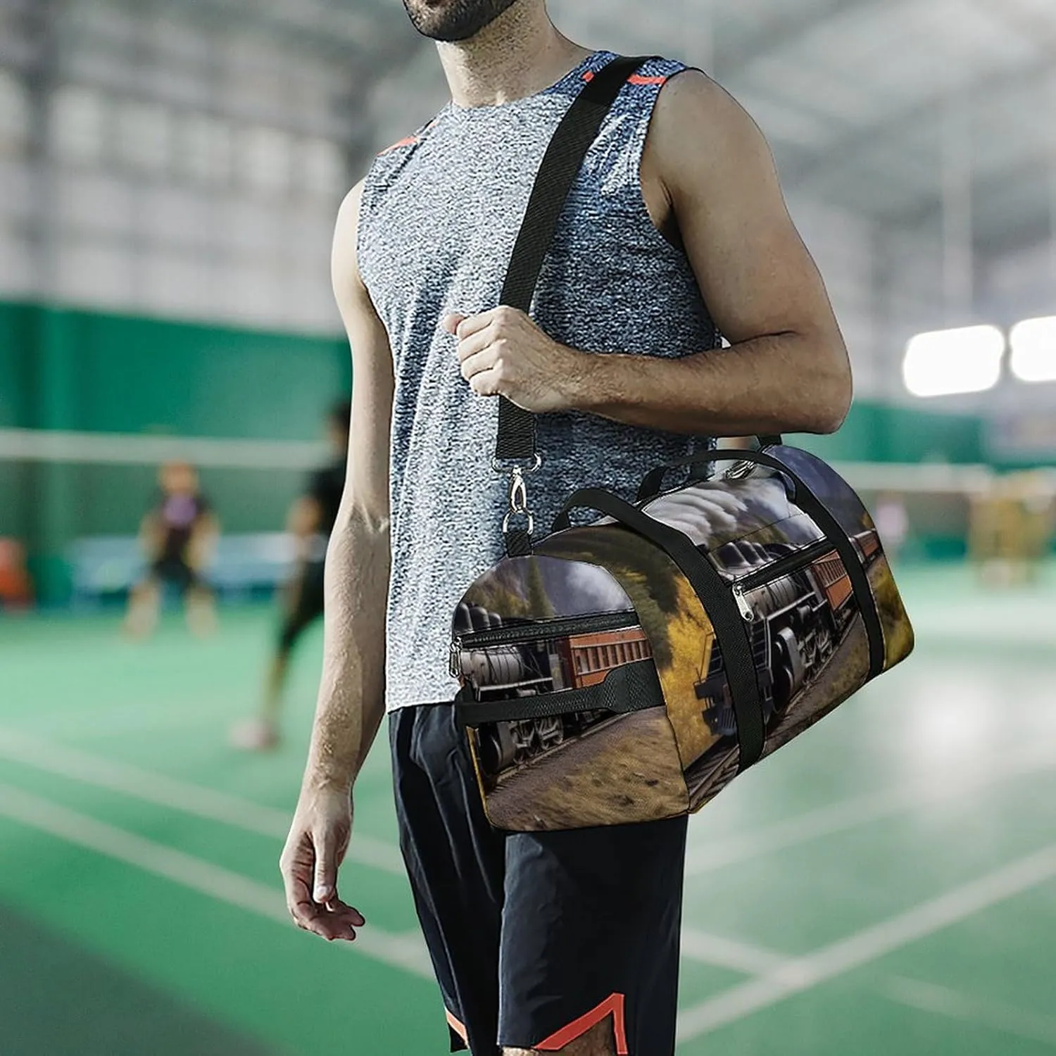 Gym Bag Steam Locomotive Train Duffel Bag for Men Women Overnight Bag with Shoe Compartment Workout Bags