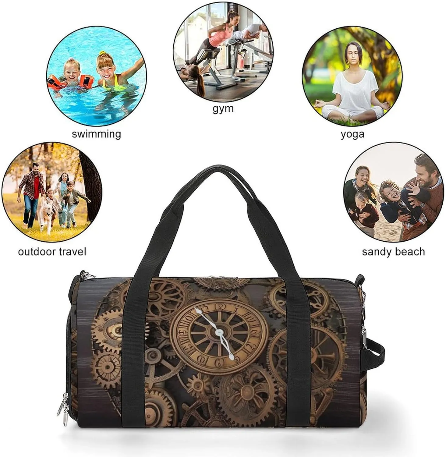 Gym Bag Steampunk Gears Clock Duffel Bag for Men Women Overnight Bag with Shoe Compartment Workout Bags