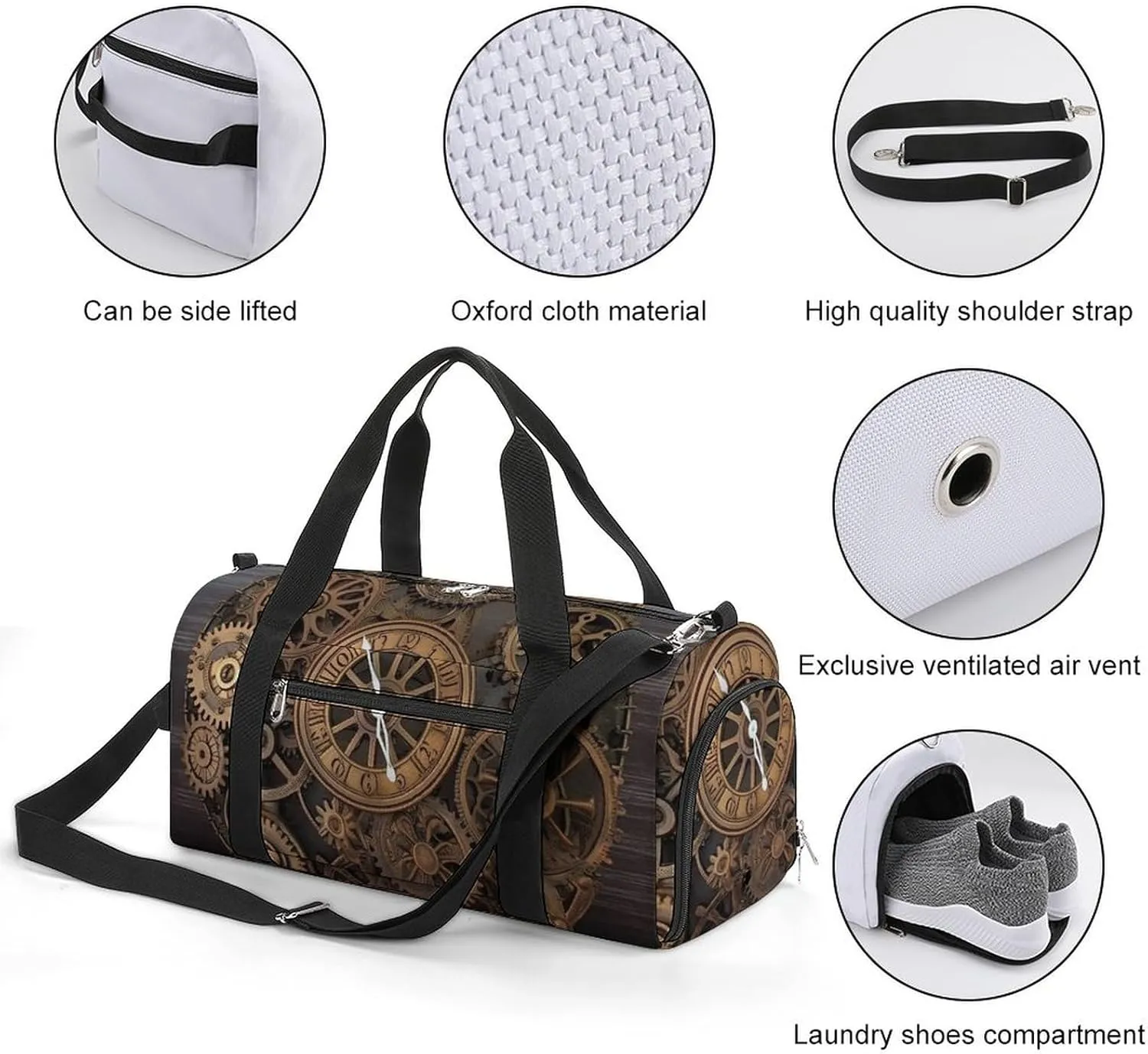 Gym Bag Steampunk Gears Clock Duffel Bag for Men Women Overnight Bag with Shoe Compartment Workout Bags