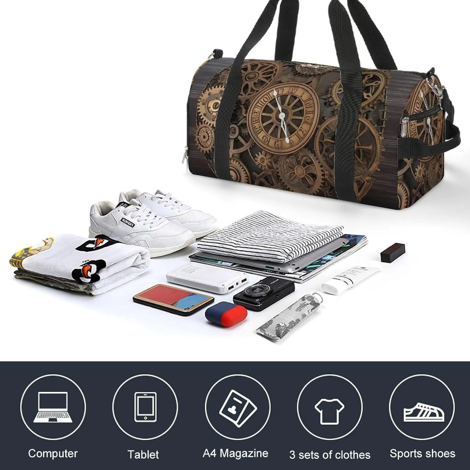 Gym Bag Steampunk Gears Clock Duffel Bag for Men Women Overnight Bag with Shoe Compartment Workout Bags