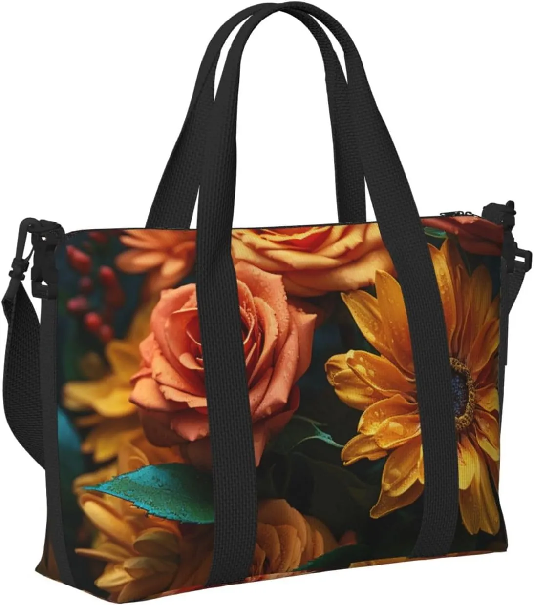 Gym Bag Sunflower and Rose Duffel Bag for Men Women Travel Overnight Bag with Shoe Compartment Workout Bags