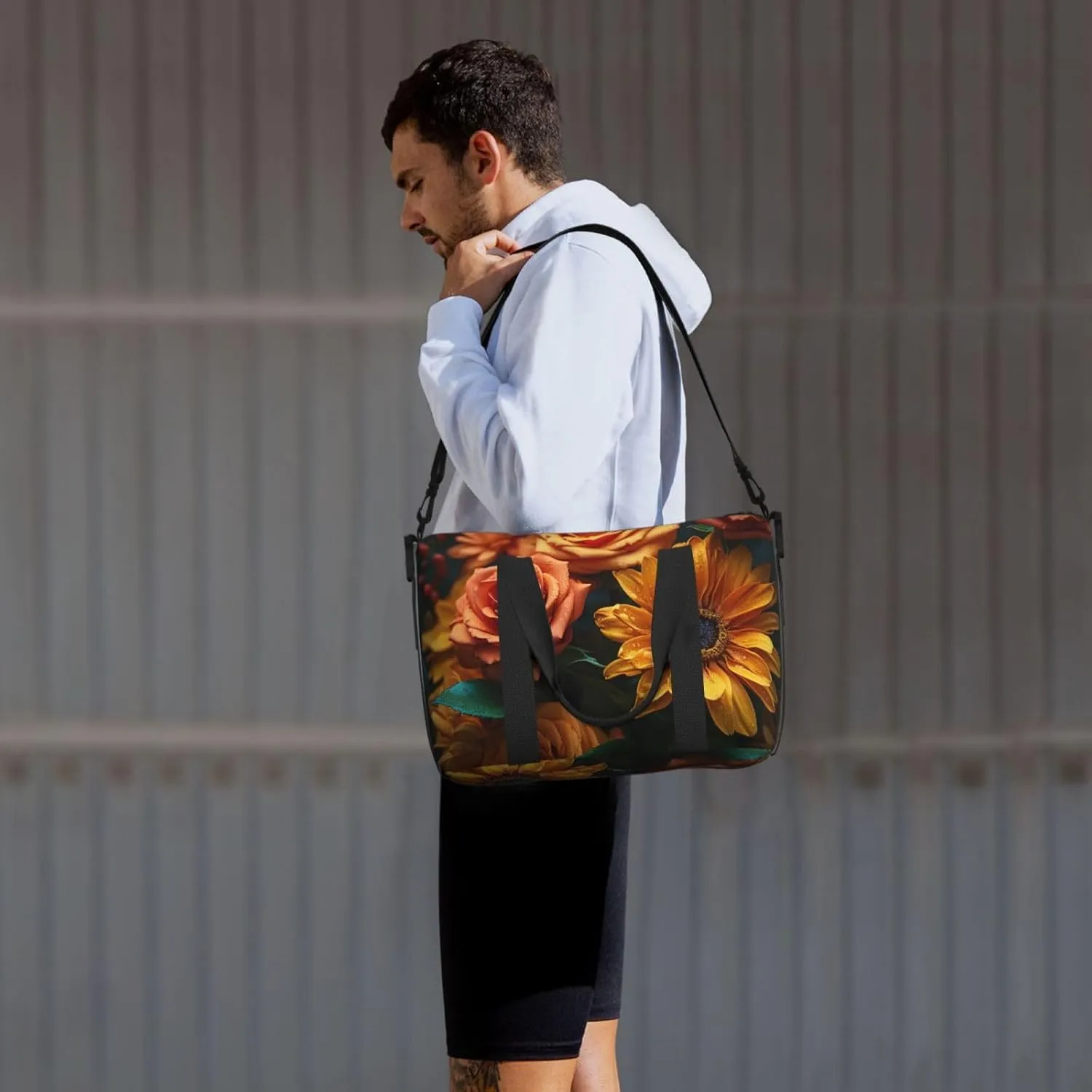 Gym Bag Sunflower and Rose Duffel Bag for Men Women Travel Overnight Bag with Shoe Compartment Workout Bags