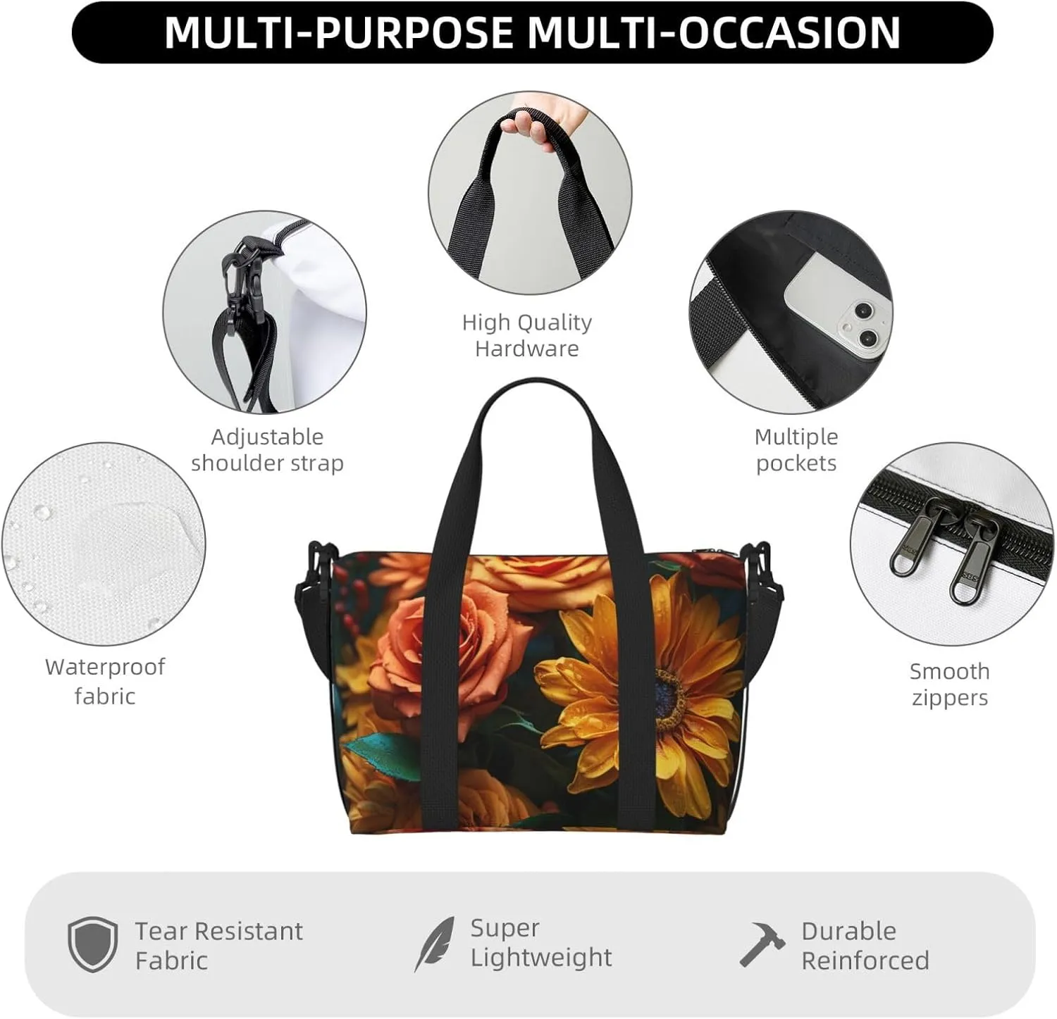 Gym Bag Sunflower and Rose Duffel Bag for Men Women Travel Overnight Bag with Shoe Compartment Workout Bags