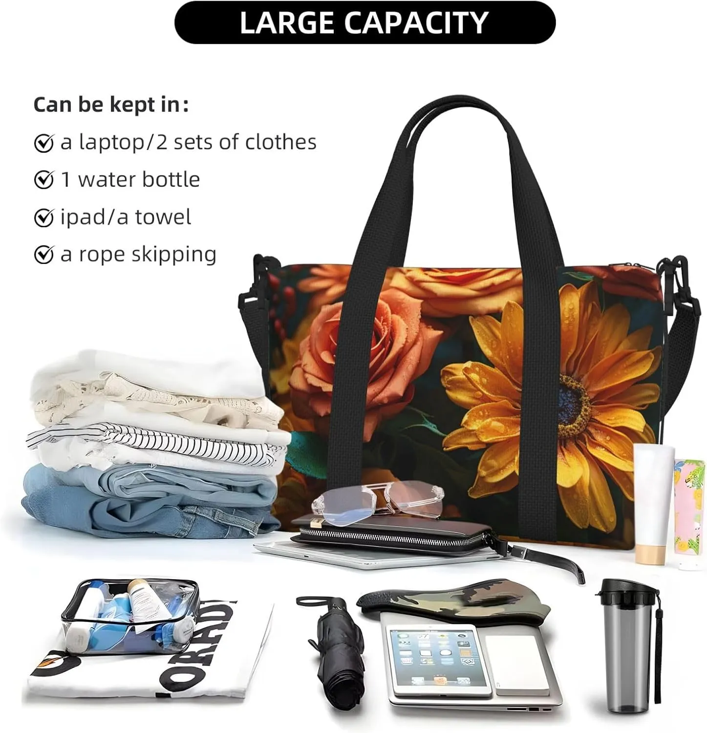 Gym Bag Sunflower and Rose Duffel Bag for Men Women Travel Overnight Bag with Shoe Compartment Workout Bags