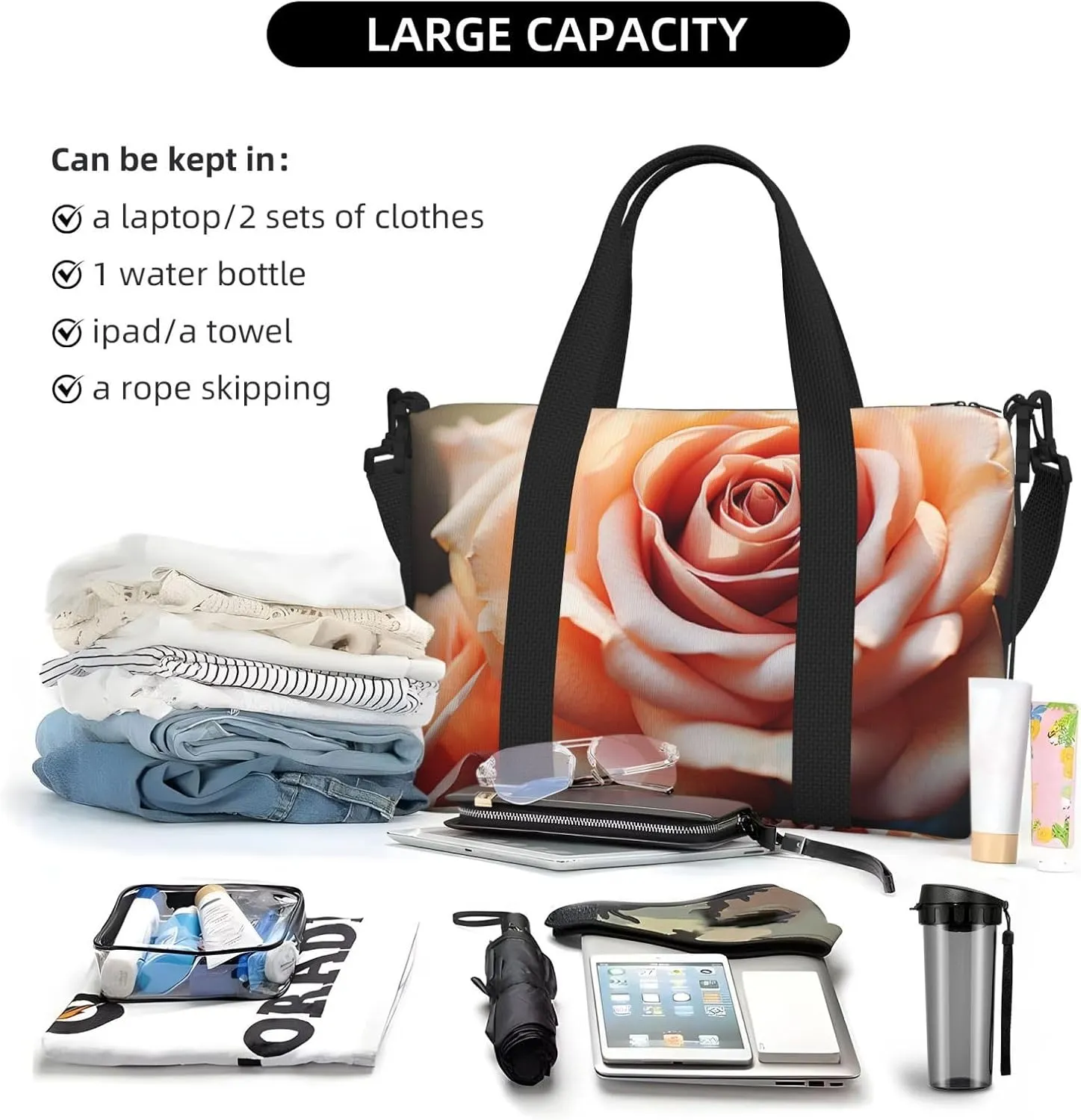Gym Bag Vintage Rose Blooms Duffel Bag for Men Women Travel Overnight Bag with Shoe Compartment Workout Bags