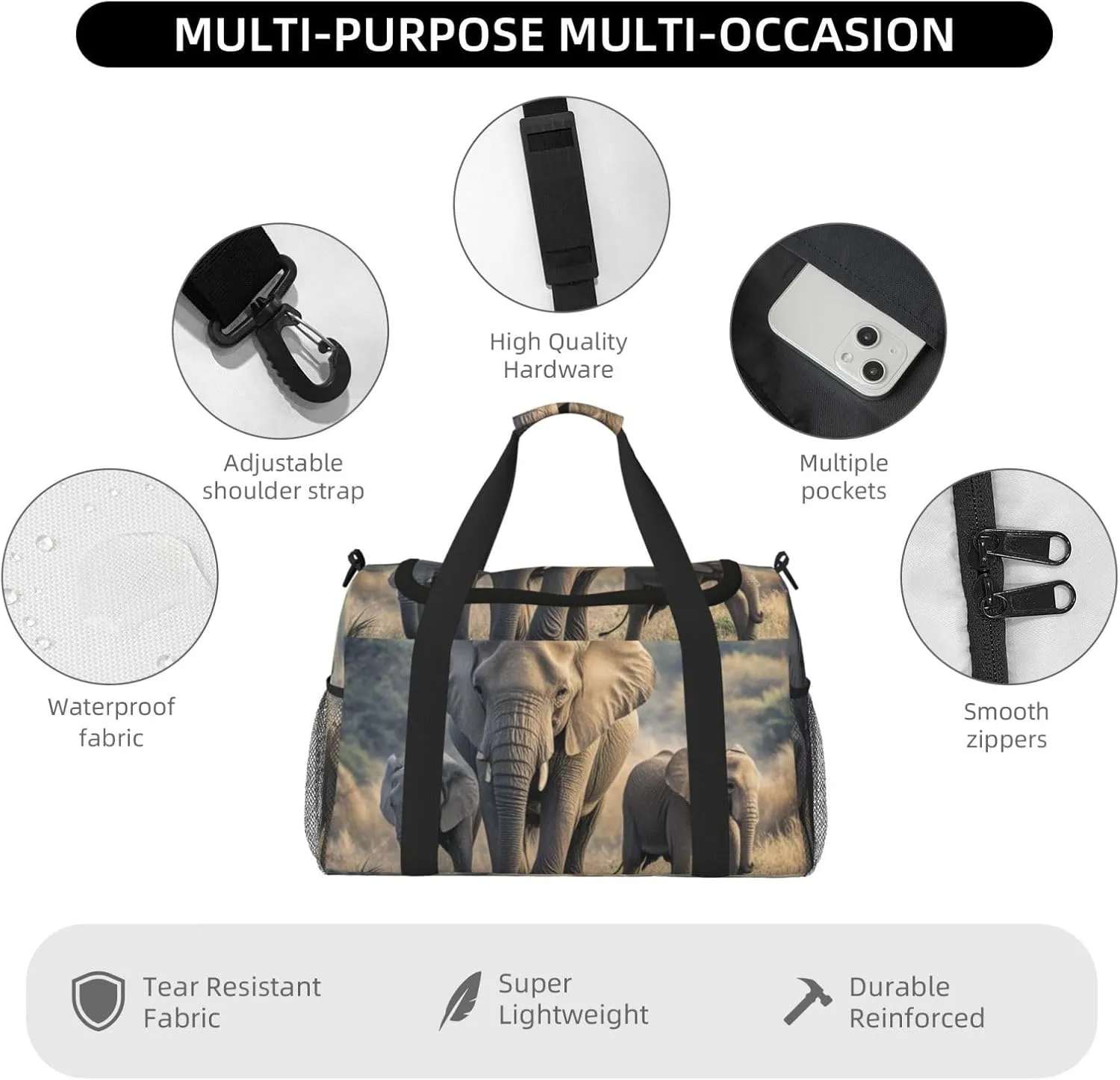 Gym Bag Walking elephants mother and baby Duffel Bag for Men Women Travel Overnight Bag with Shoe Compartment Workout Bags