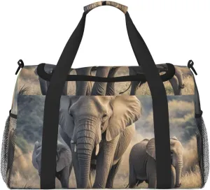 Gym Bag Walking elephants mother and baby Duffel Bag for Men Women Travel Overnight Bag with Shoe Compartment Workout Bags