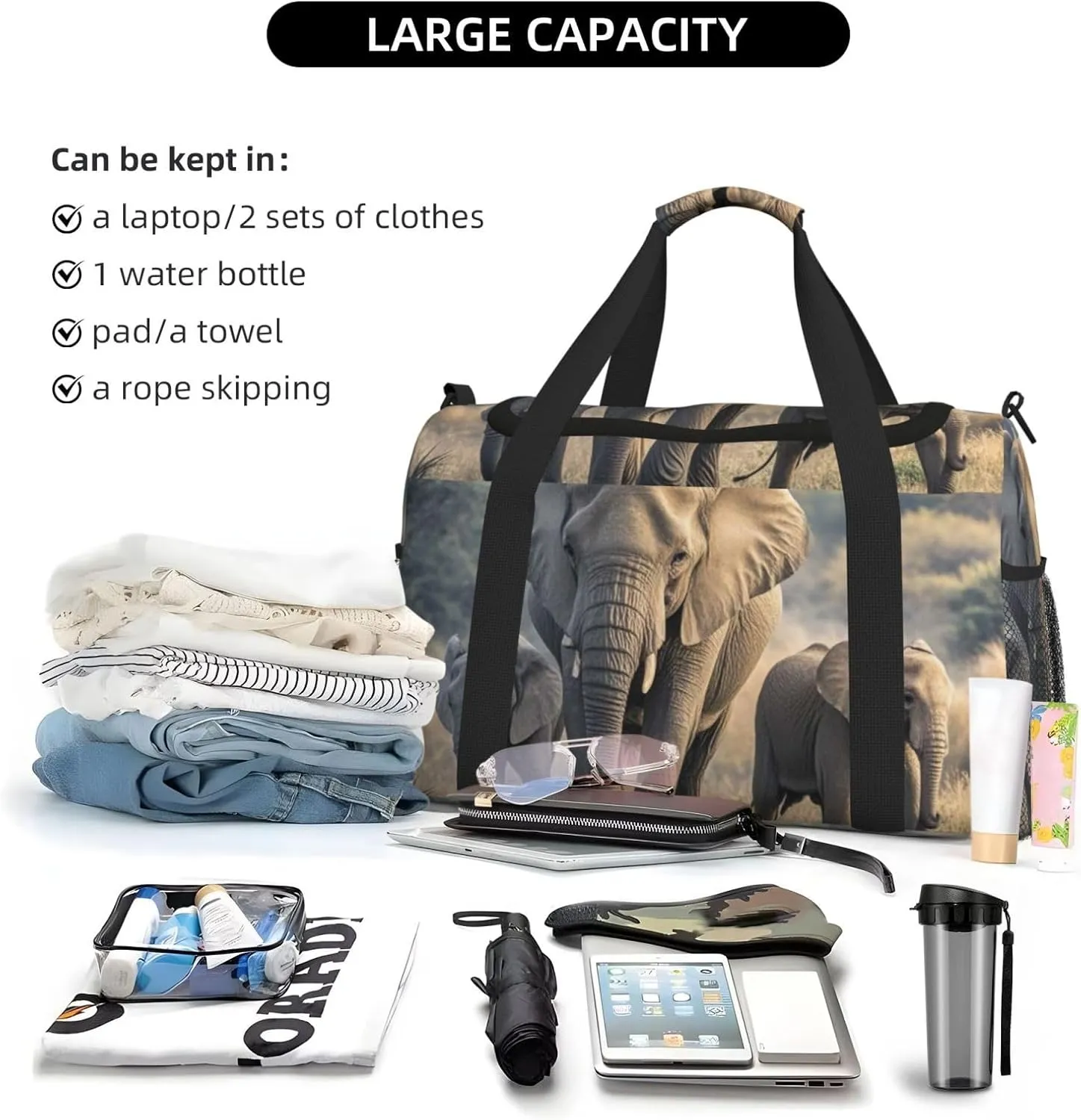 Gym Bag Walking elephants mother and baby Duffel Bag for Men Women Travel Overnight Bag with Shoe Compartment Workout Bags