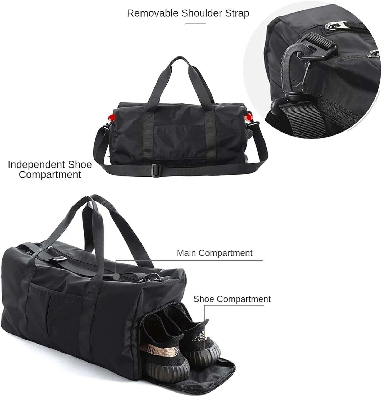 Gym Bag Waterproof Shoe Compartment Travel Duffel Bag Overnight Weekend Personalized Sports Bag Black for Men and Women