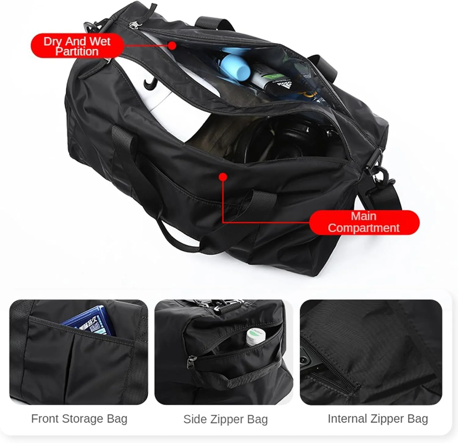 Gym Bag Waterproof Shoe Compartment Travel Duffel Bag Overnight Weekend Personalized Sports Bag Black for Men and Women