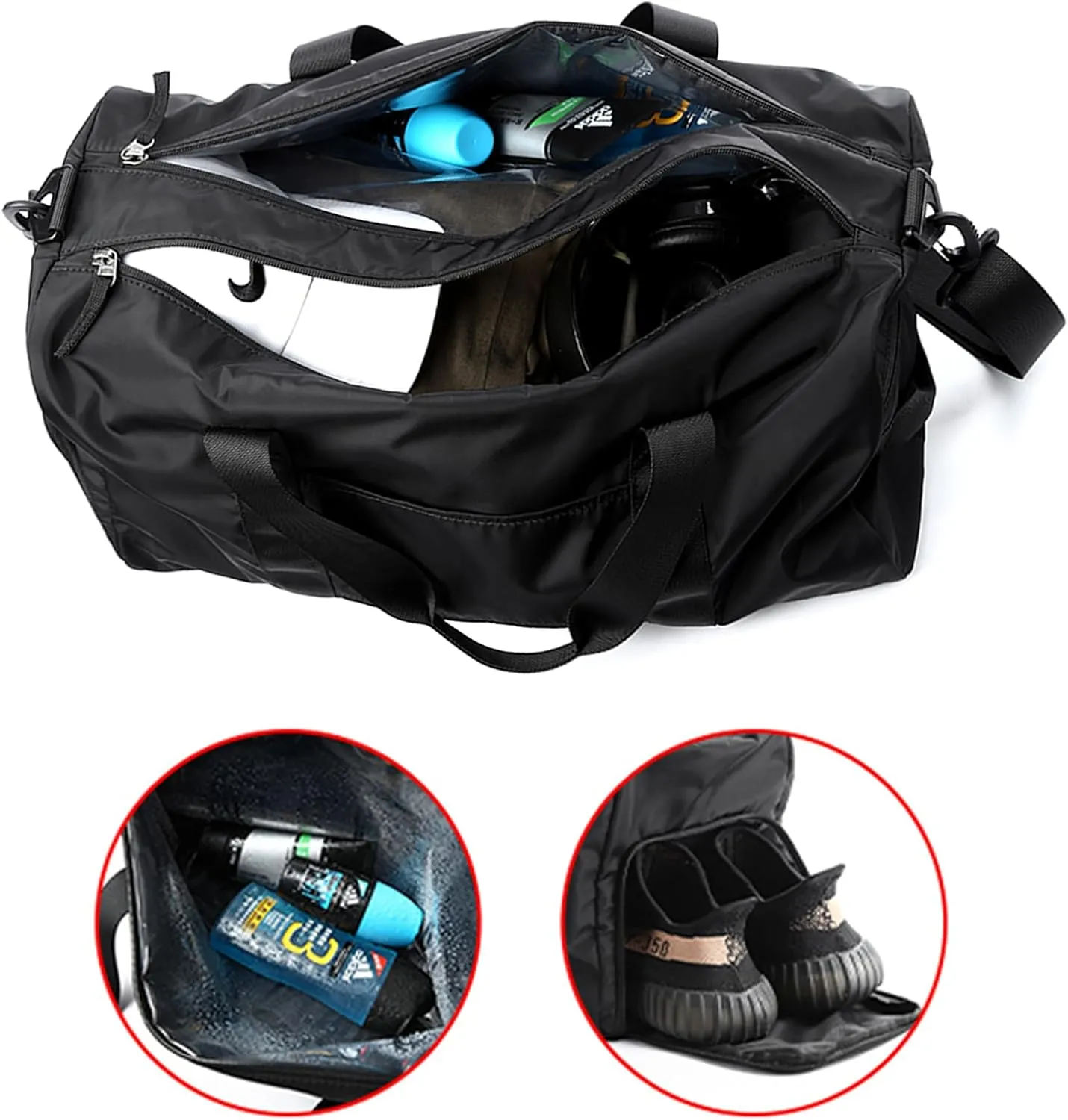 Gym Bag Waterproof Shoe Compartment Travel Duffel Bag Overnight Weekend Personalized Sports Bag Black for Men and Women